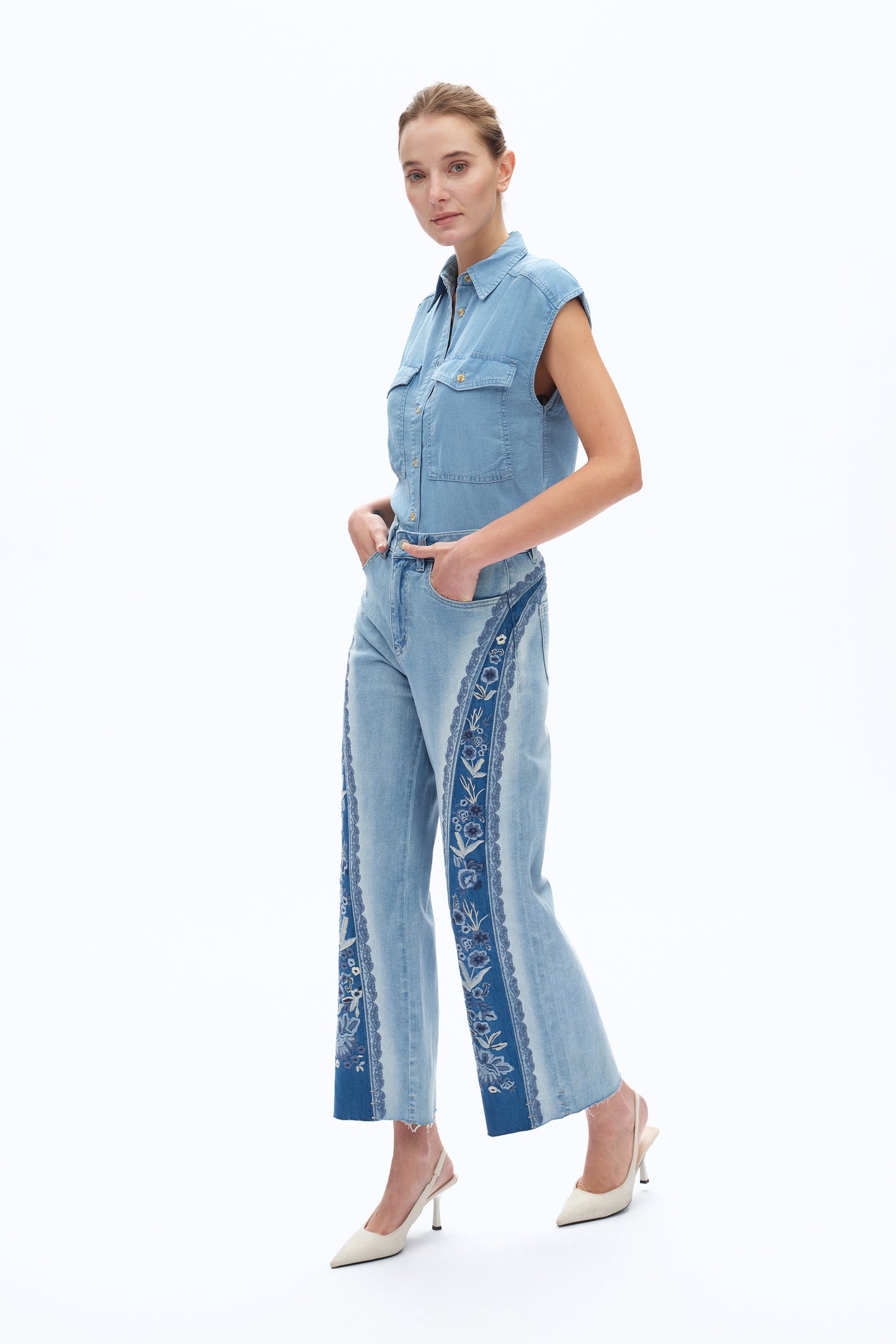 ULTRA HIGH RISE PATCHWORK EMBROIDERED WIDE LEG DENIM JEANS BYW8190 (BYCK003) MEDIUM BLUE