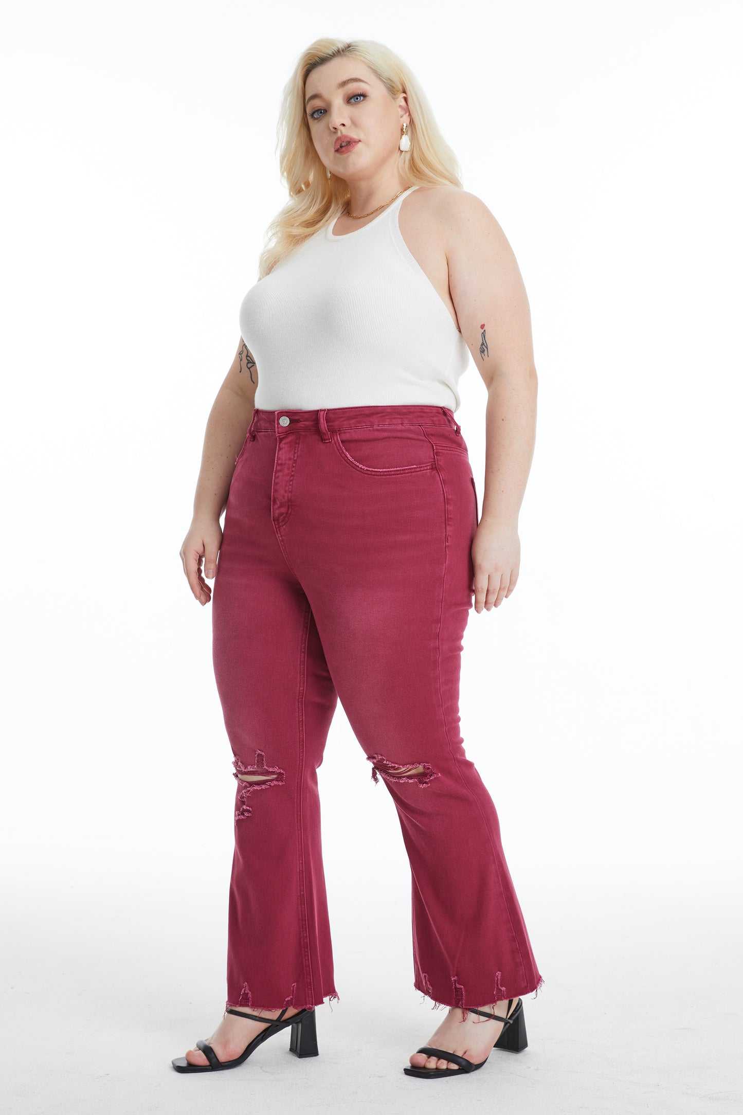 EMILY HIGH RISE DISTRESSED FLARE PANTS BYF1077-P WINE PLUS SIZE