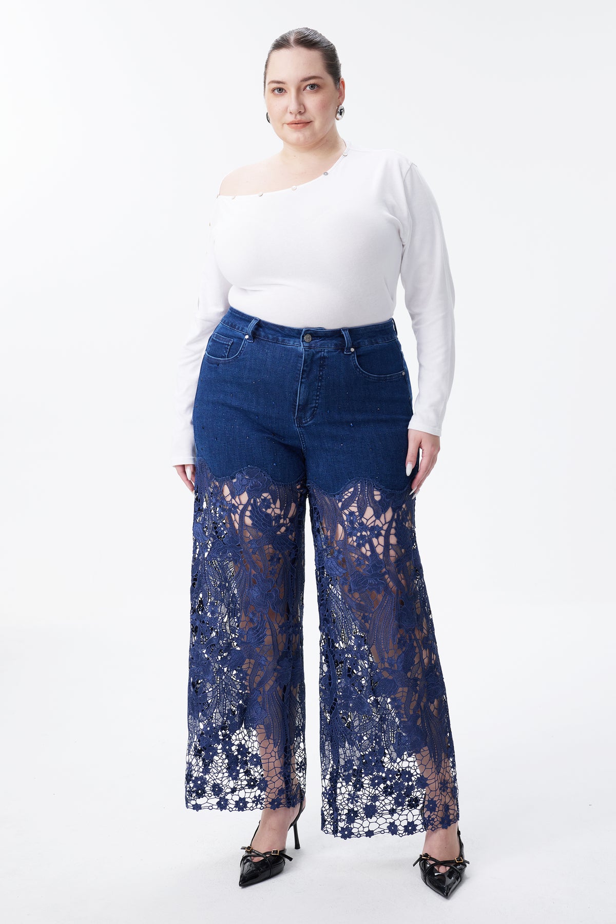 PLUS HIGH RISE LACE PANTS WITH RHINESTONE LAGOON