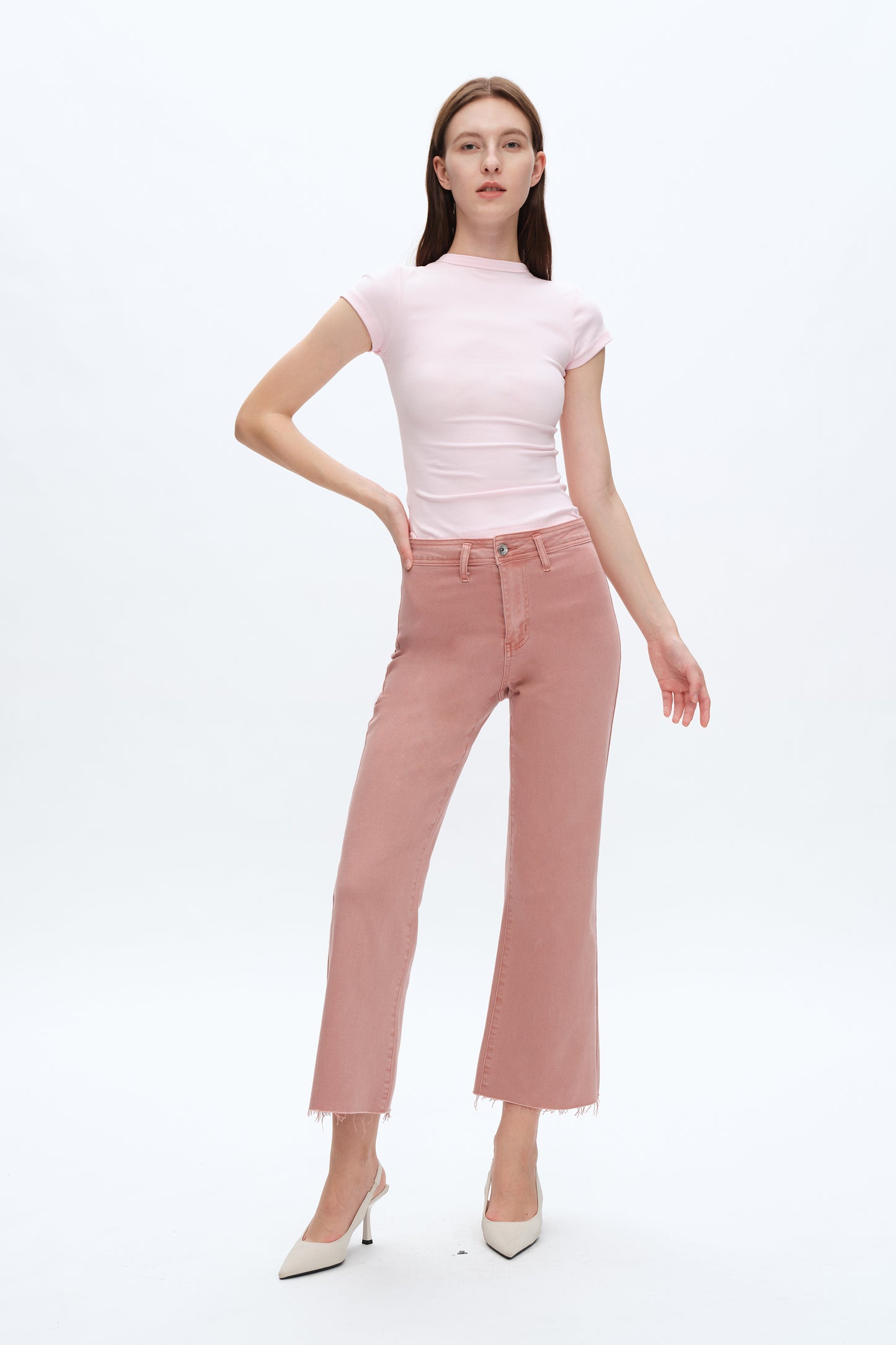 LESLIE HIGH RISE WIDE LEG JEANS WITH RAW HEM BYW8142 (BYHE112) DUSTY PINK