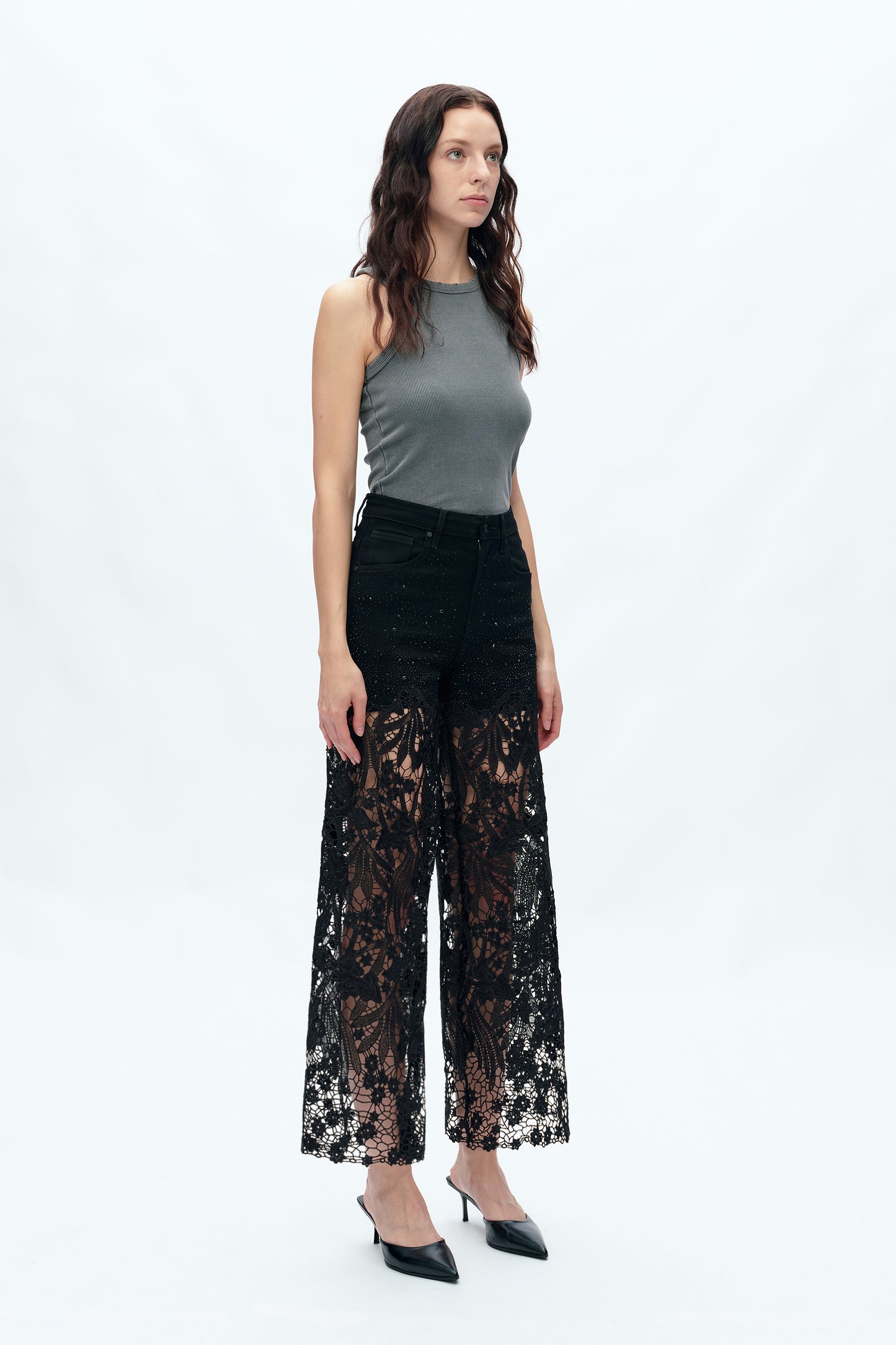 HIGH RISE LACE PANTS WITH RHINESTONE BYW8090 BLACK