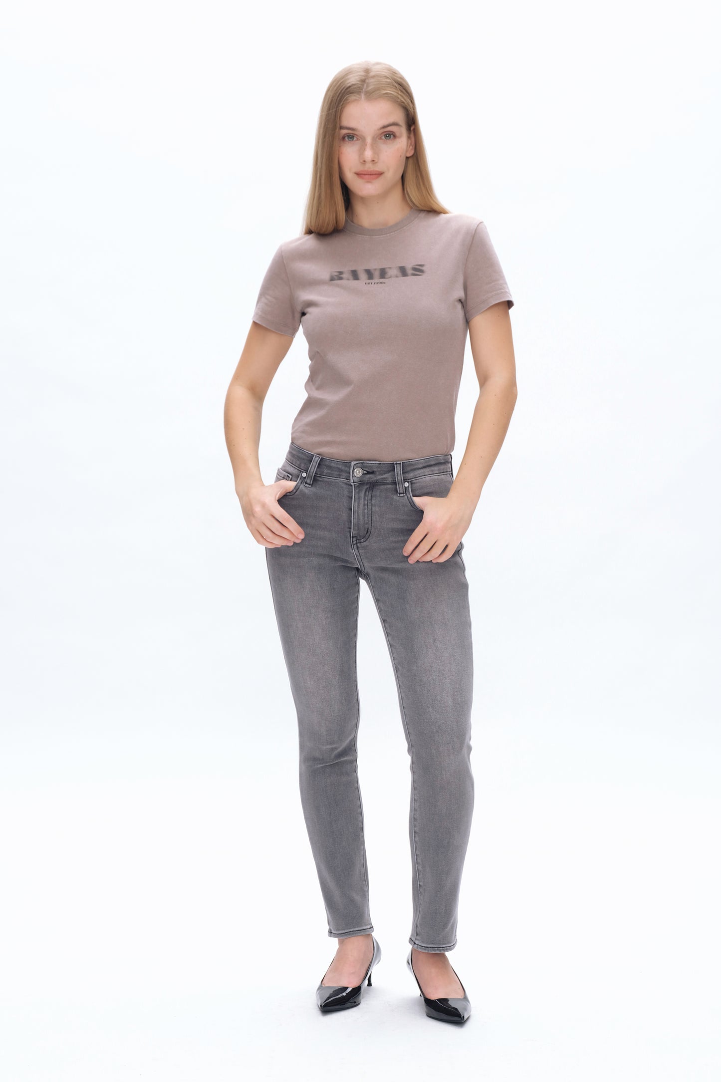 EMILY MID RISE SLIM STRAIGHT DENIM JEANS BYT5233 (BYHE080) STONE GRAY