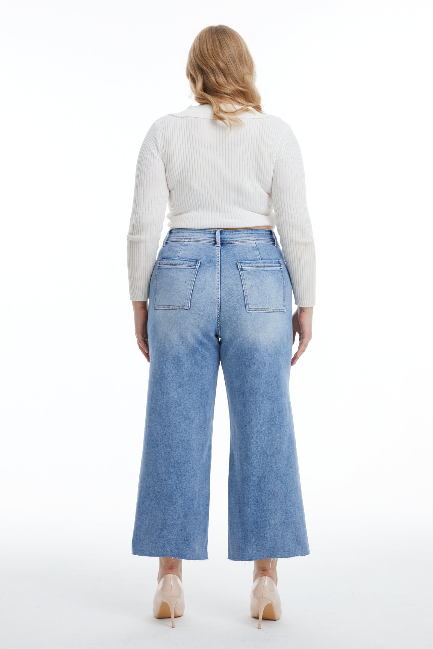 HIGH RISE WIDE LEG JEANS WITH RAW HEM BYW8116-P ICE BLUE PLUS SIZE