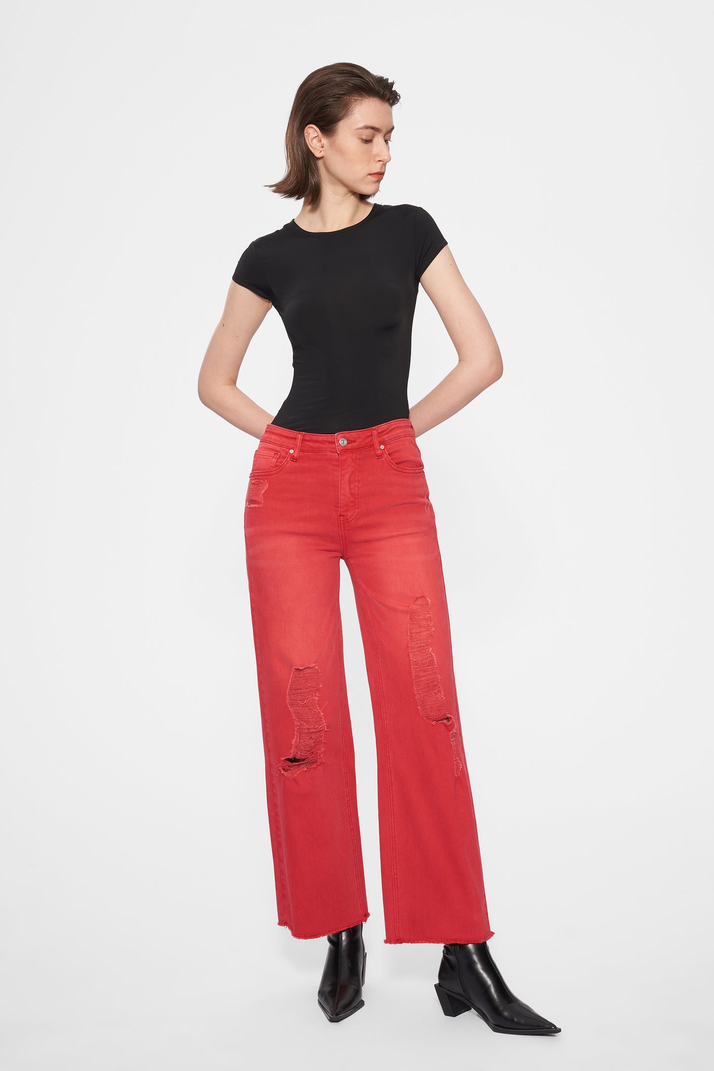 ALLY HIGH RISE DISTRESSED WIDE LEG PANTS BYW8159 (BYMJ022) RED