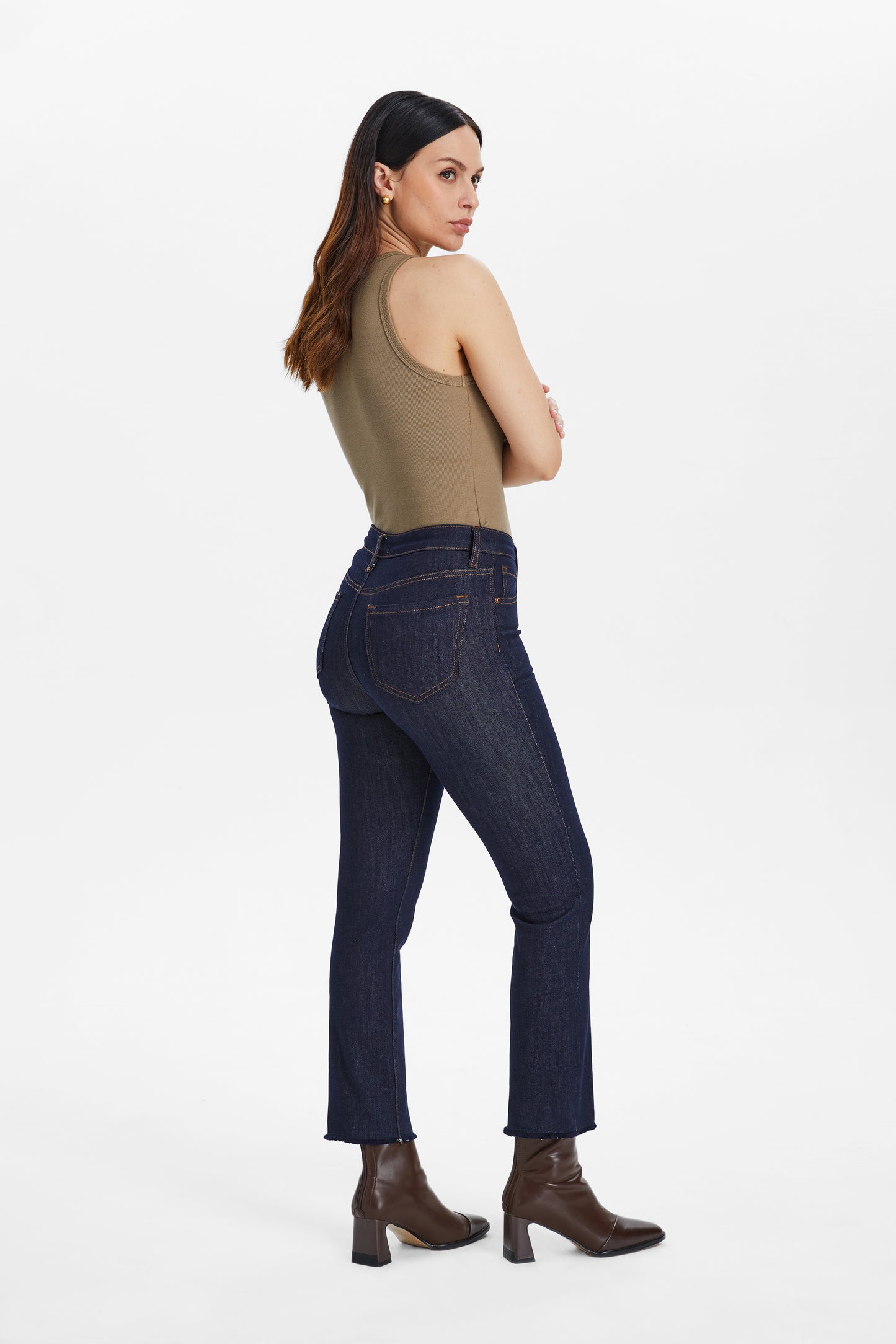 HIGH RISE RAW HEM STRAIGHT JEANS BYT5157 DARK BLUE