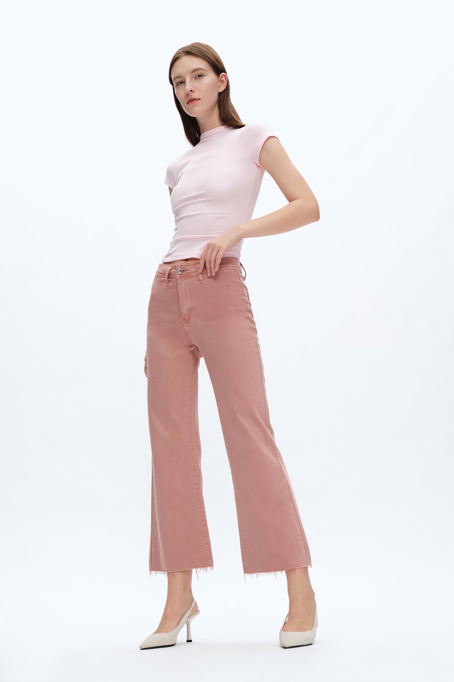 LESLIE HIGH RISE WIDE LEG JEANS WITH RAW HEM BYW8142 (BYHE112) DUSTY PINK