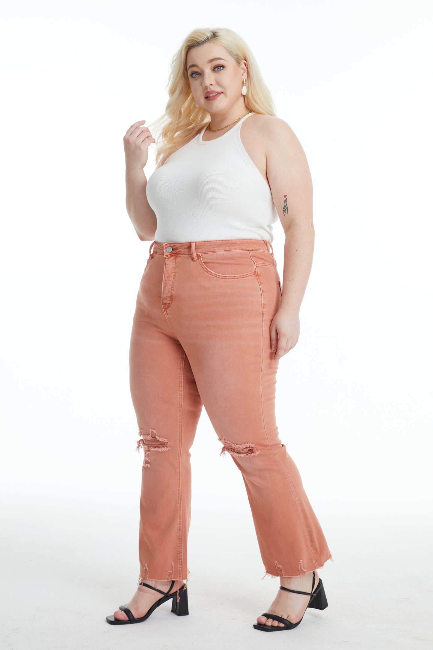 EMILY HIGH RISE DISTRESSED FLARE PANTS BYF1077-P SALMON PLUS SIZE