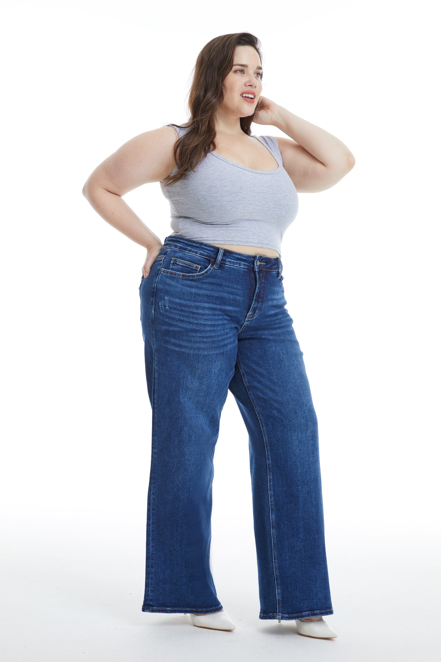 LOW CUT WIDE LEG CROP STRAIGHT JEANS BYW8001-2P DARK BLUE PLUS SIZE