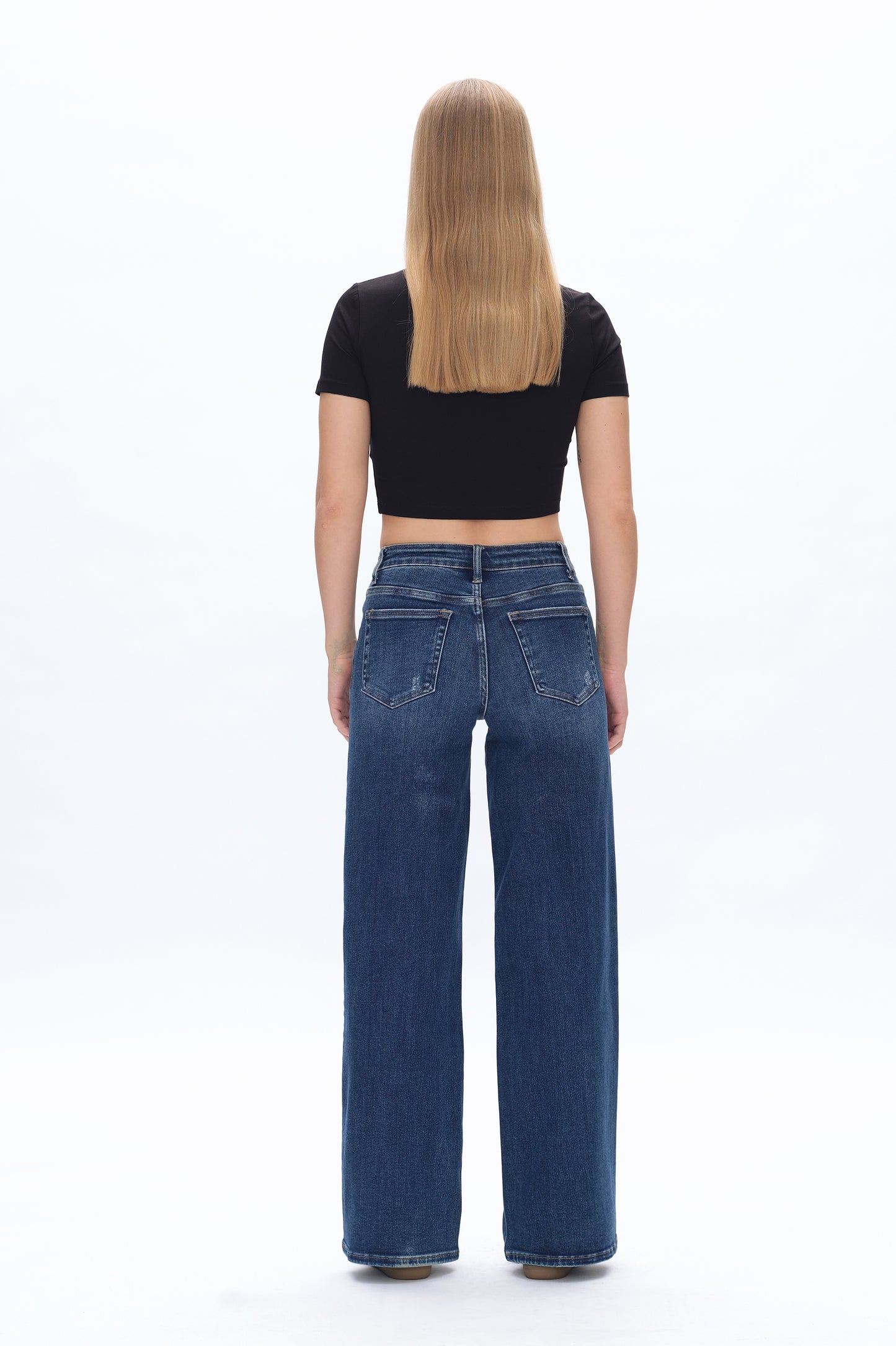 LOW CUT WIDE LEG CROP STRAIGHT JEANS BYW8001-2 DARK BLUE