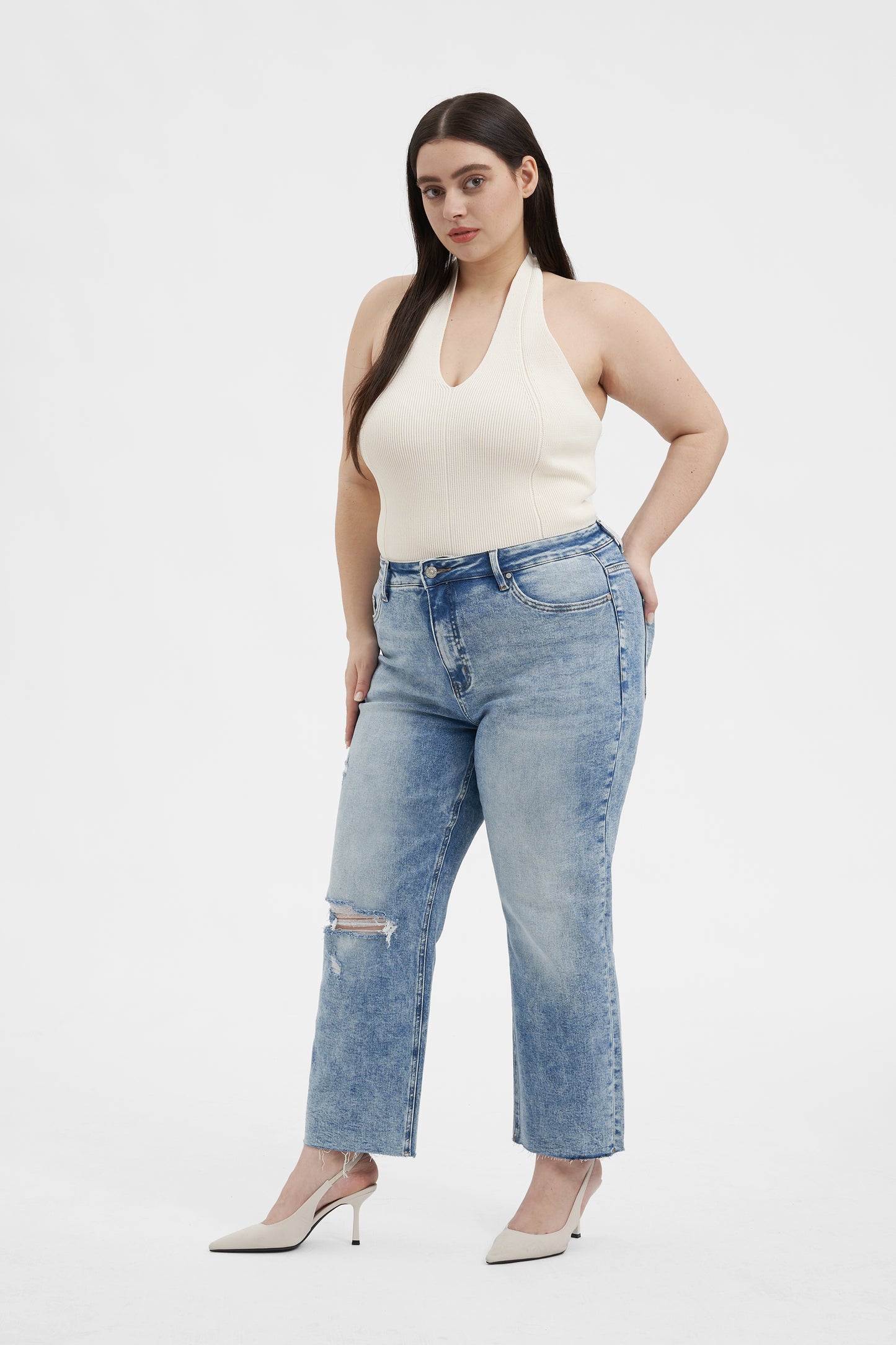 HIGH RISE STRAIGHT RAW HEM JEANS BYT5173-P (BYHE089-P) PARADISE PLUS SIZE