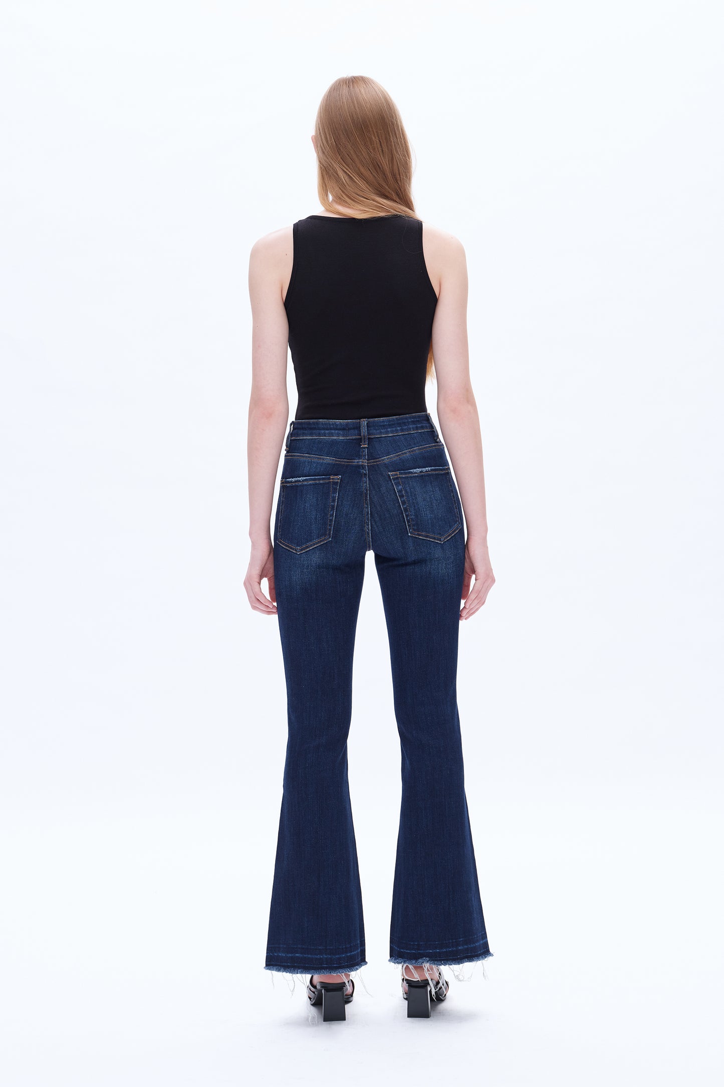 HIGH RISE FLARE LEG JEANS WITH RAW HEM BYF1110 DARK BLUE