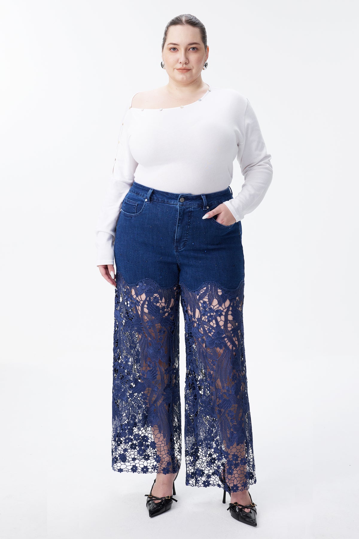 PLUS HIGH RISE LACE PANTS WITH RHINESTONE LAGOON