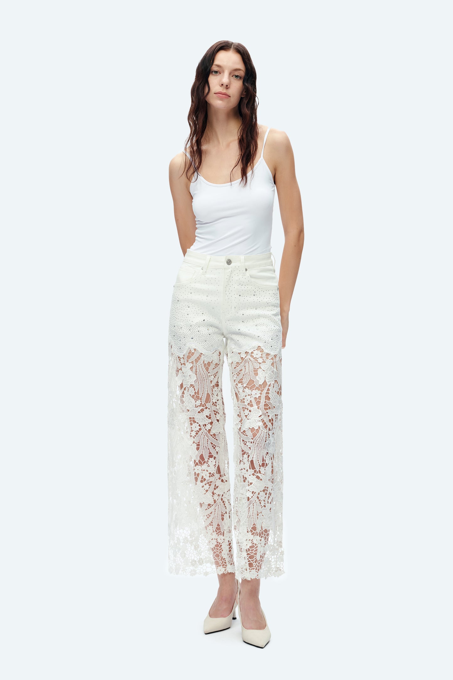 HIGH RISE LACE PANTS WITH RHINESTONE BYW8090 WHITE