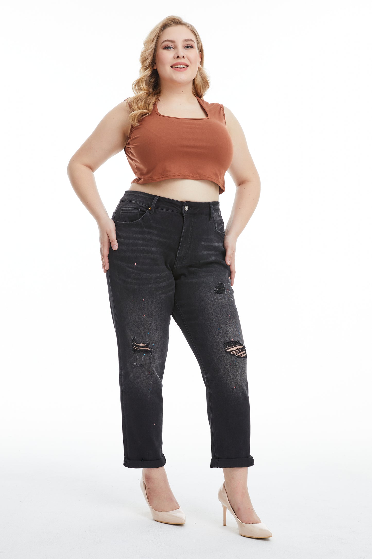 HIGH RISE PAINTED MOM JEANS BYM3054-P IRON BLACK PLUS SIZE