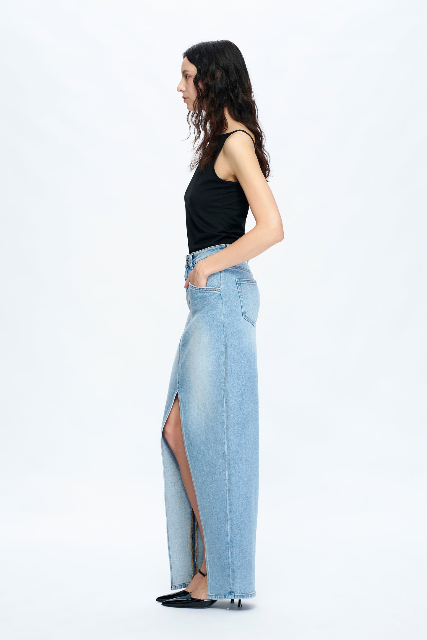 LAUREN MID RISE SLIT MAXI SKIRT BYK7044 (BYMJ123) PERIWINKLE BLUE