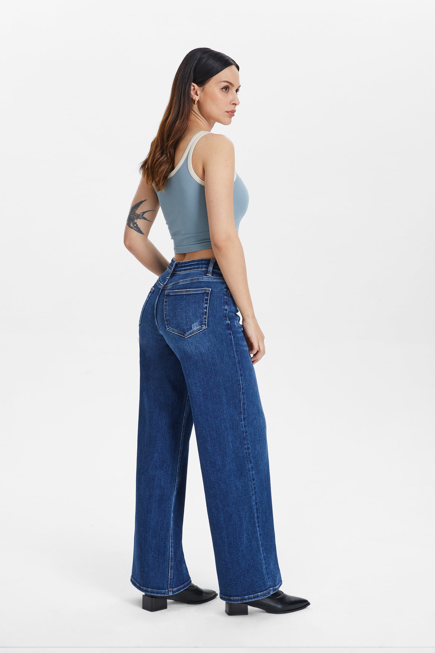 LOW CUT WIDE LEG CROP STRAIGHT JEANS BYW8001-2 DARK BLUE