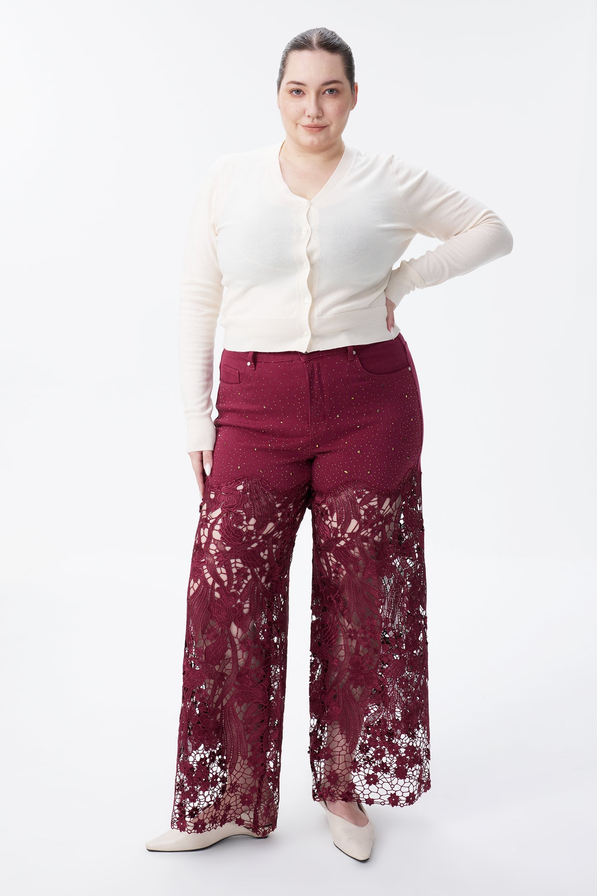 Plus Wide Leg Lece Jeans BYW8090B Inseam 30"(WINE)