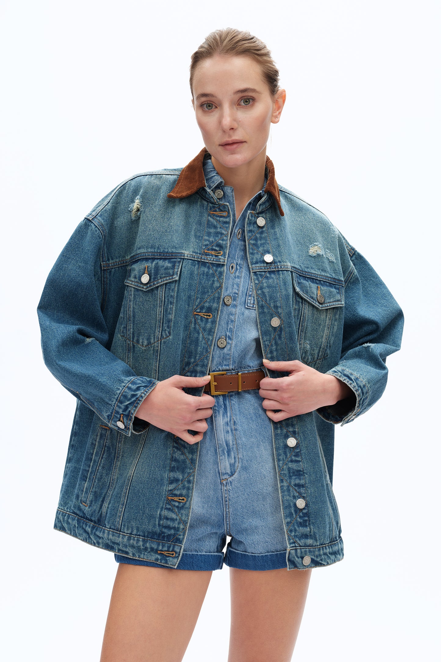 LOOSE-FITTING PATCHWORK JACKET BYJ9059 (BYMJ238) RETRO MEDIUM BLUE