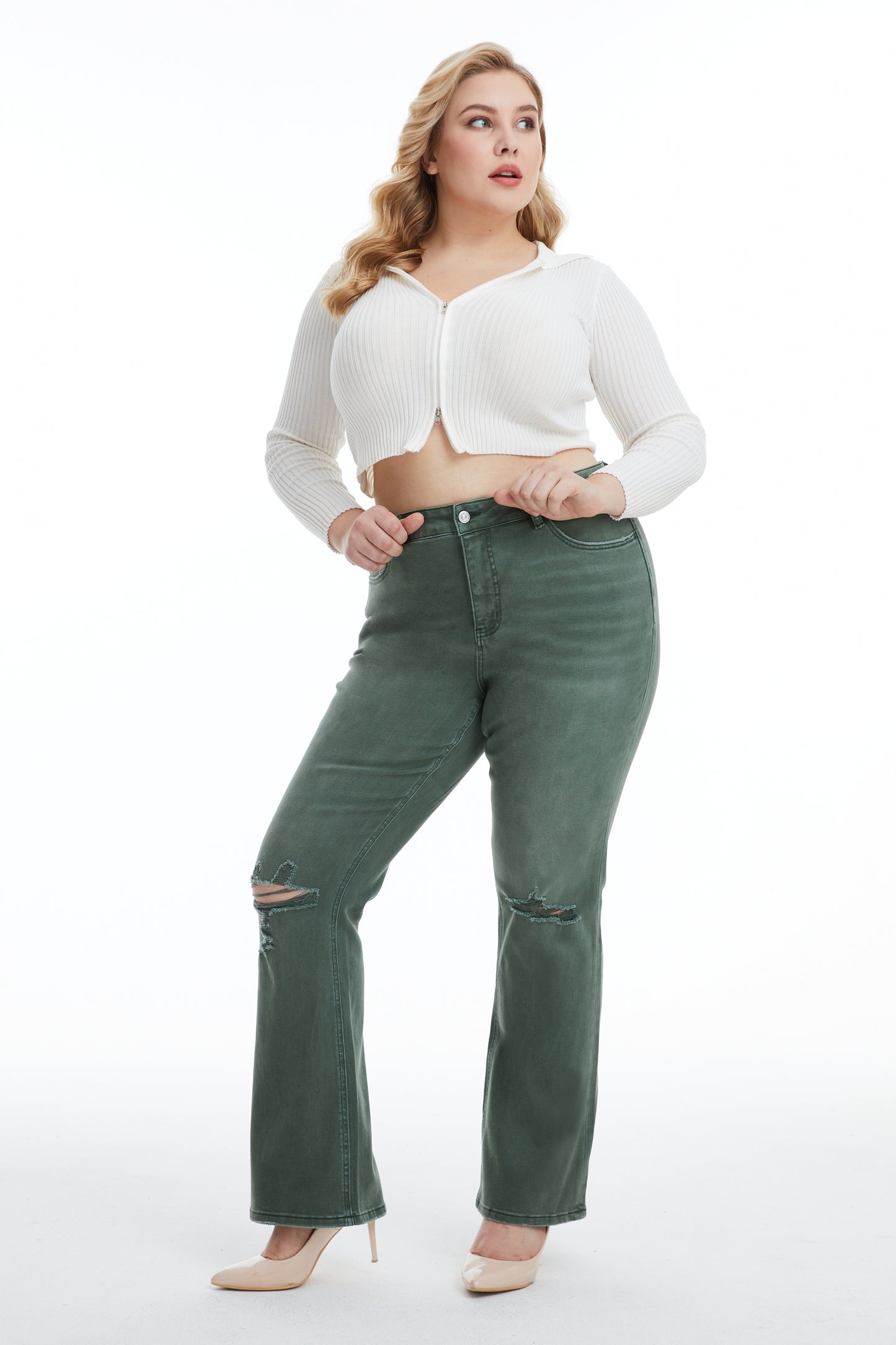 EMILY HIGH RISE DISTRESSED FLARE PANTS BYF1081-P GREEN PLUS SIZE