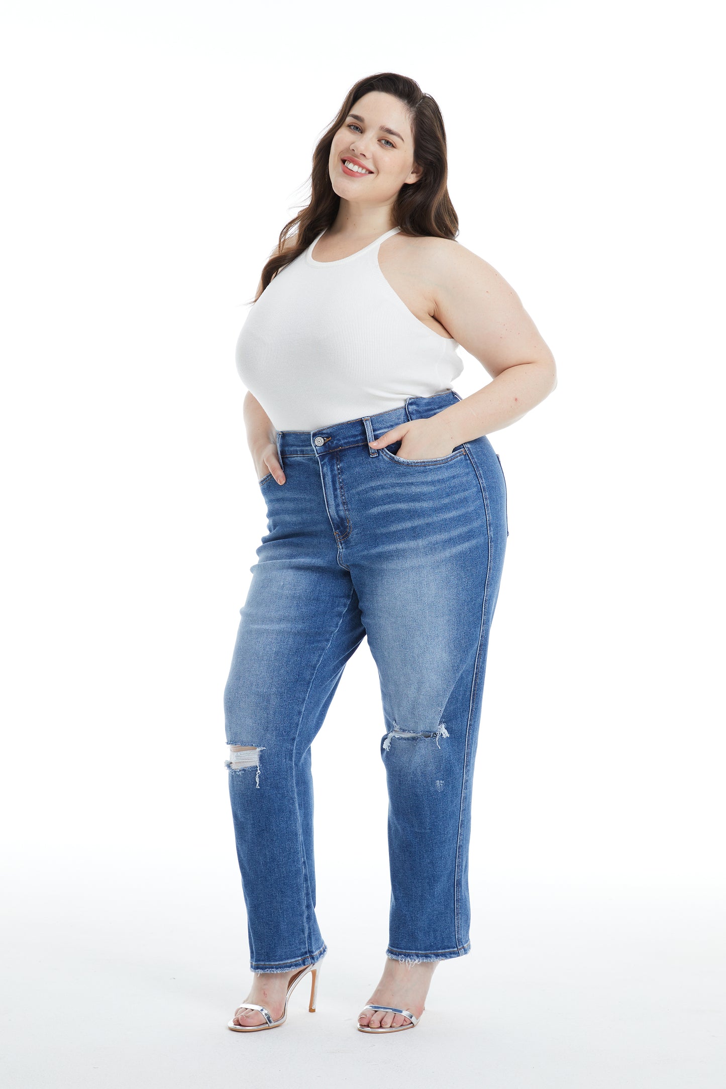 HIGH RISE CROPPED STRAIGHT JEANS BYT5164-P (BY4401A) MEDIUM BLUE PLUS SIZE