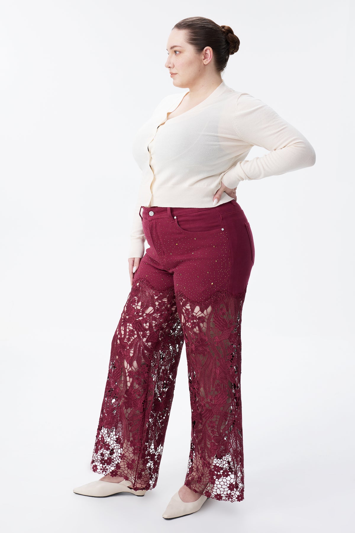 PLUS HIGH RISE LACE PANTS WITH RHINESTONE