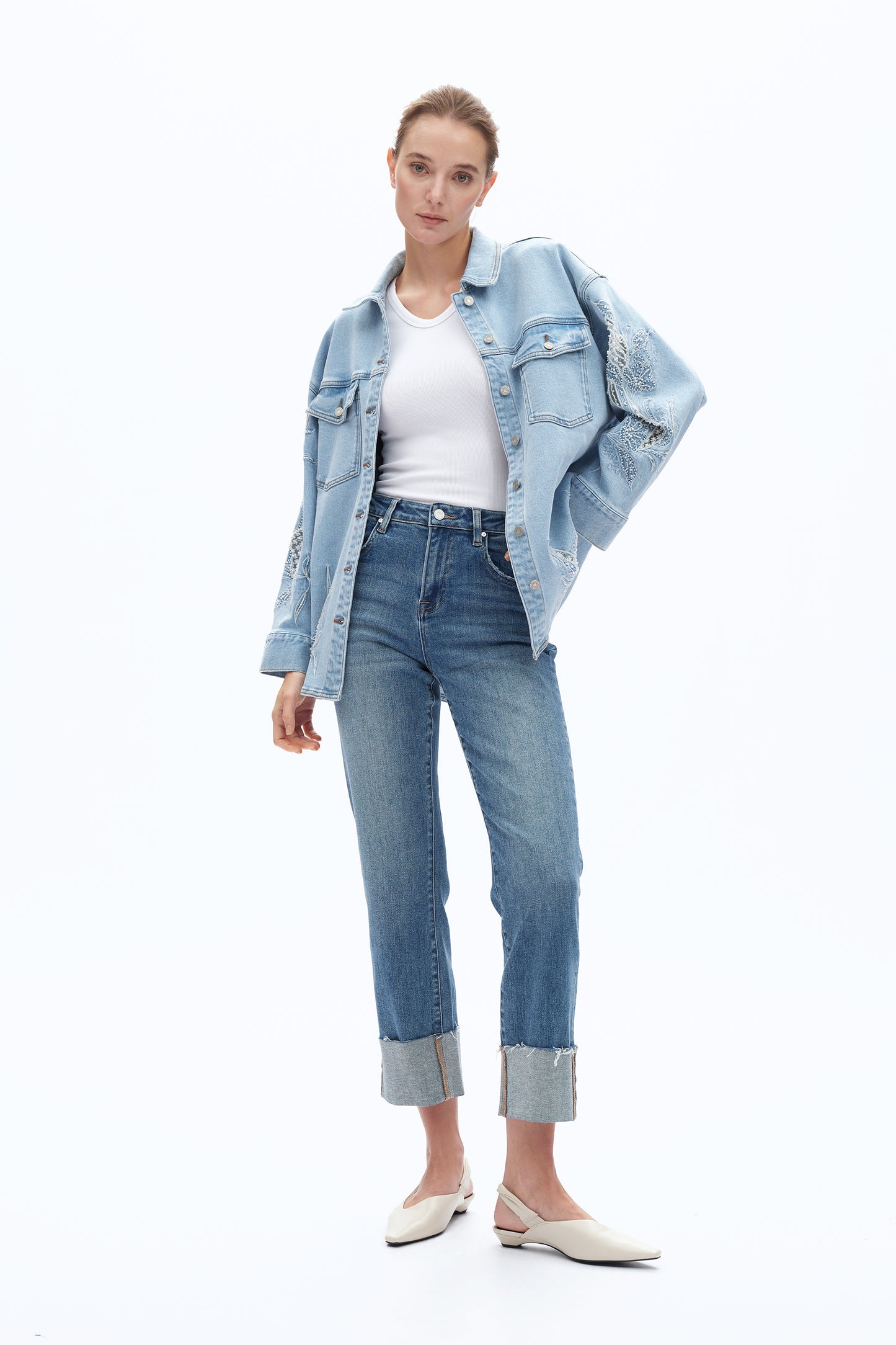 HIGH RISE STRAIGHT LEG JEANS WITH ROLLED HEM BYT5153 SURF BLUE