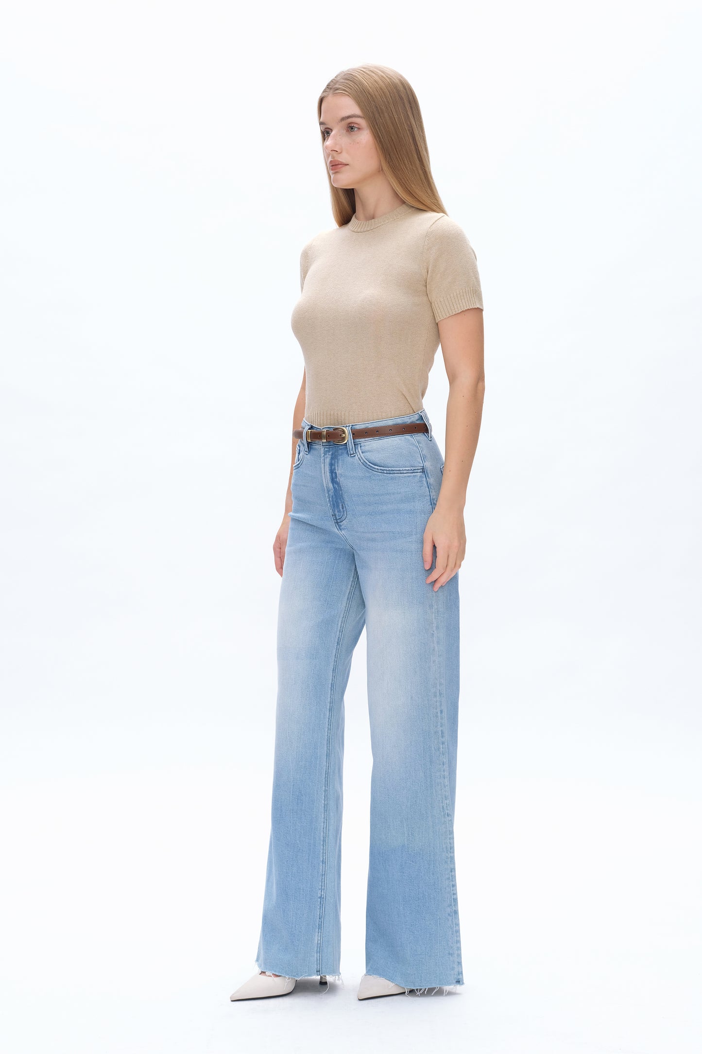 BELLA HIGH RISE WIDE LEG JEANS WITH RAW HEM BYW8101 LIGHT BLUE