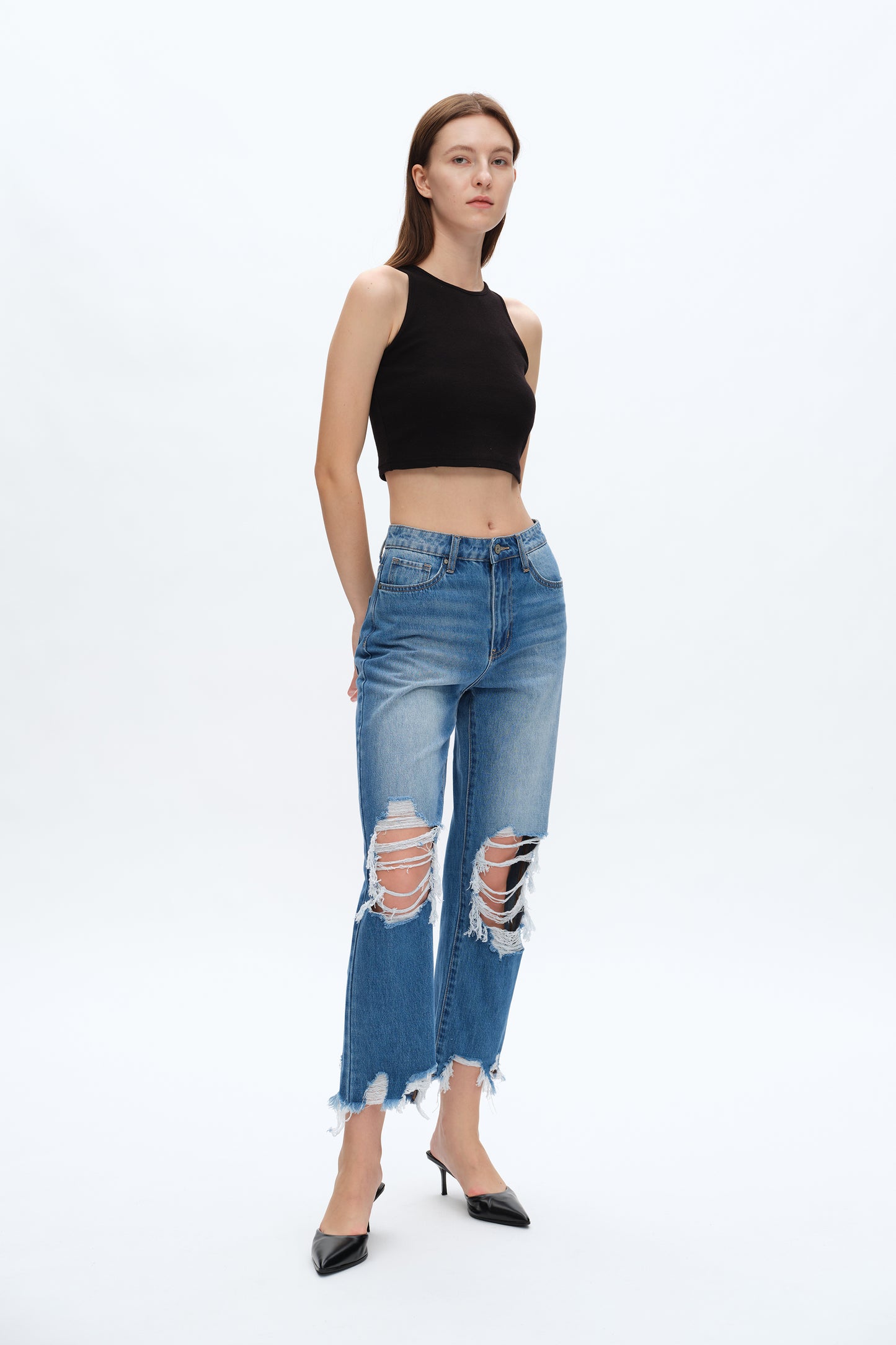 YOYO HIGH RISE DISTRESSED CROPPED STRAIGHT JEANS BYT5200 (BYHE197) CRYSTAL