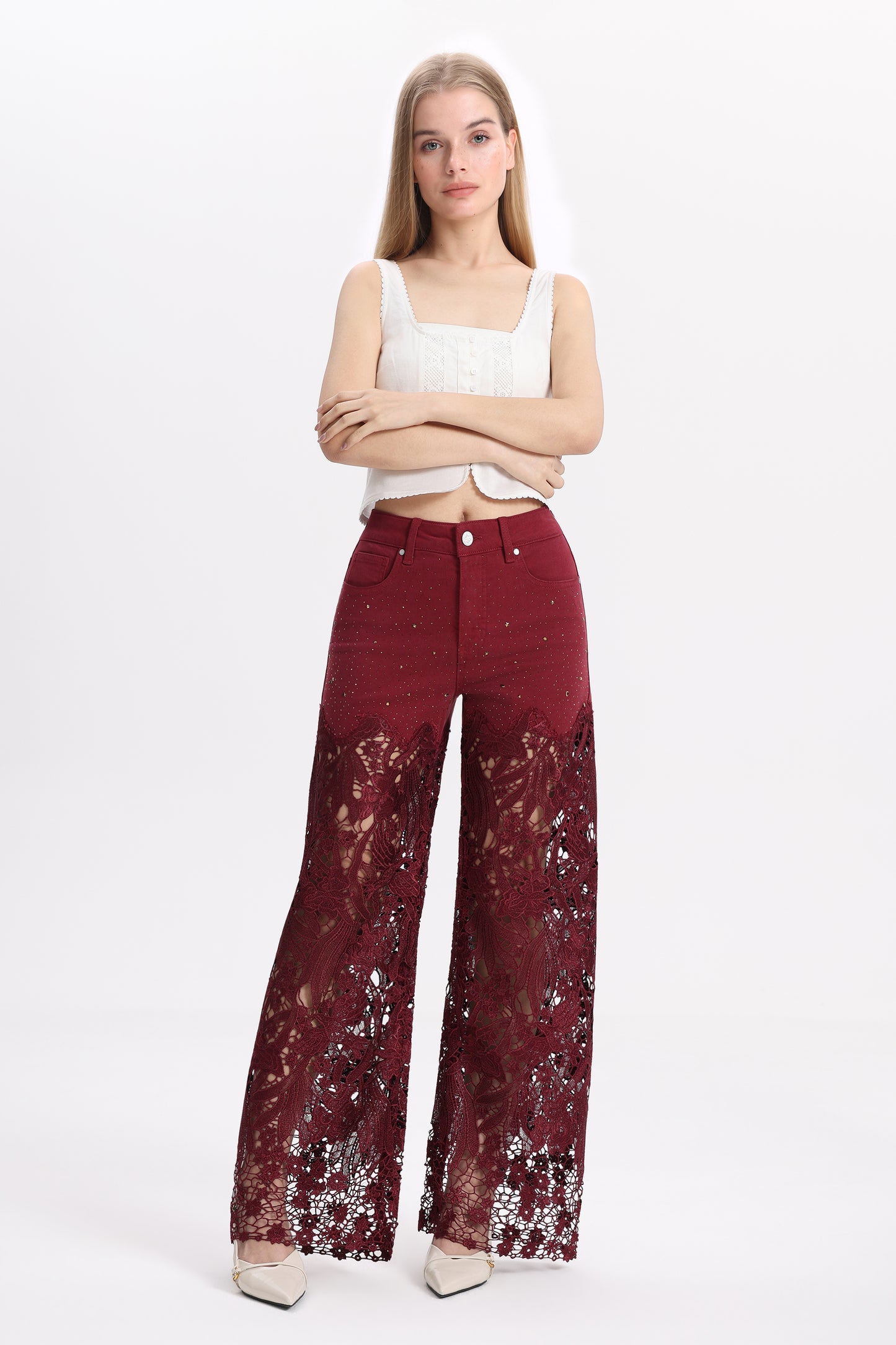 PLUS HIGH RISE LACE PANTS WITH RHINESTONE