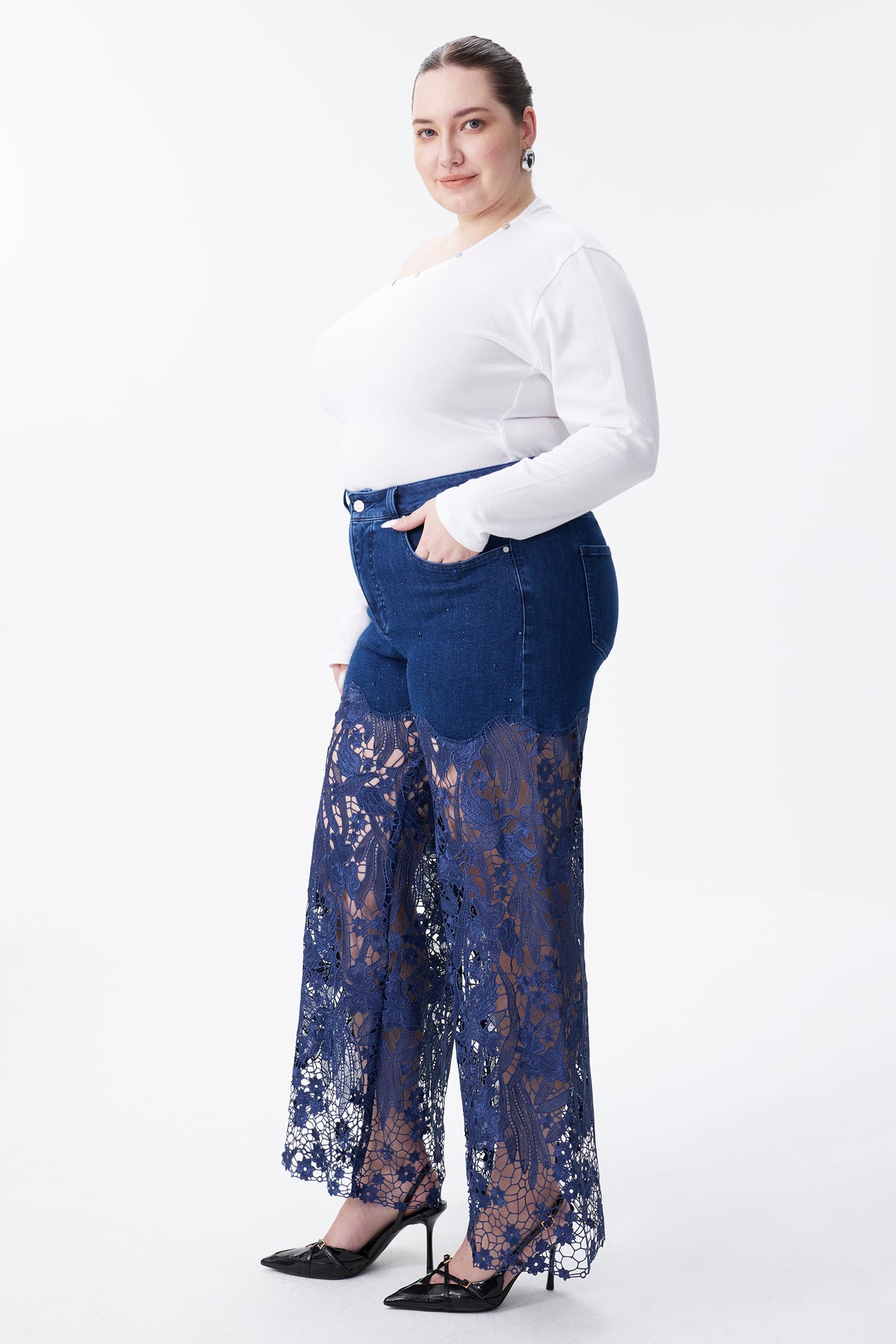 PLUS HIGH RISE LACE PANTS WITH RHINESTONE LAGOON