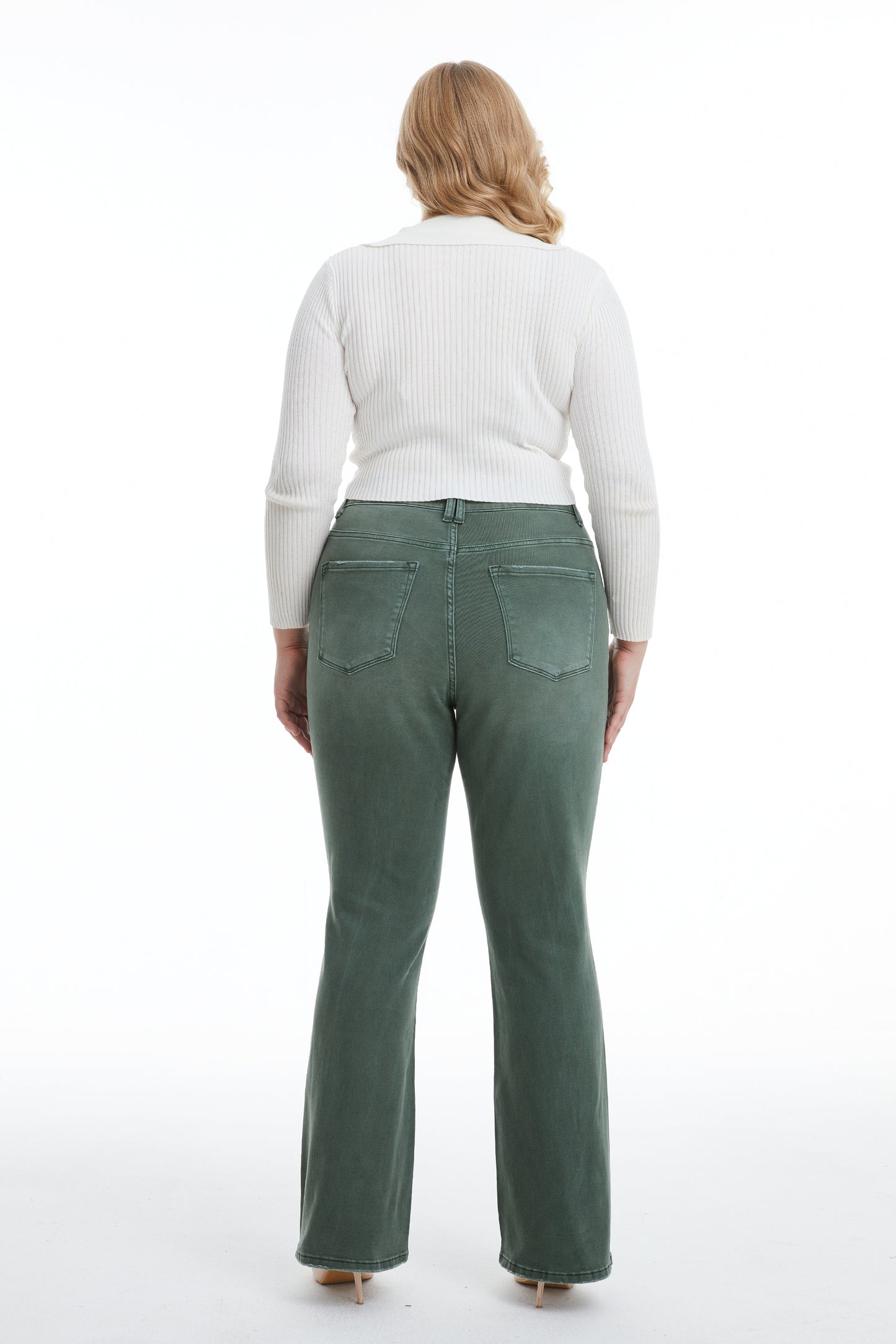 EMILY HIGH RISE DISTRESSED FLARE PANTS BYF1081-P GREEN PLUS SIZE