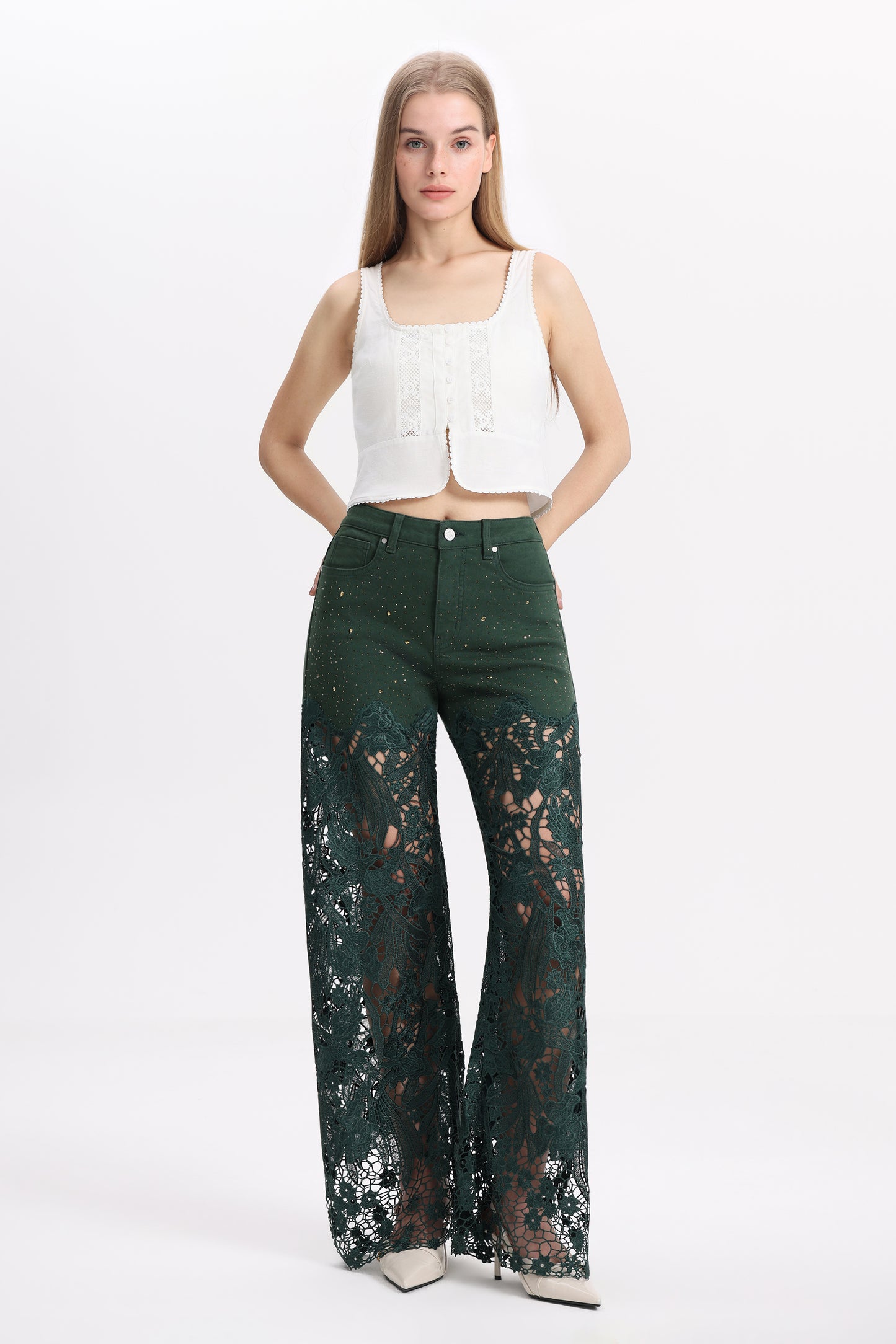 HIGH RISE LACE PANTS WITH RHINESTONE