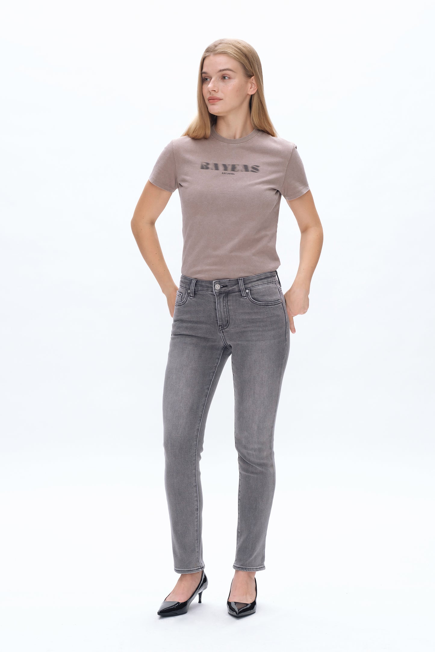 EMILY MID RISE SLIM STRAIGHT DENIM JEANS BYT5233 (BYHE080) STONE GRAY