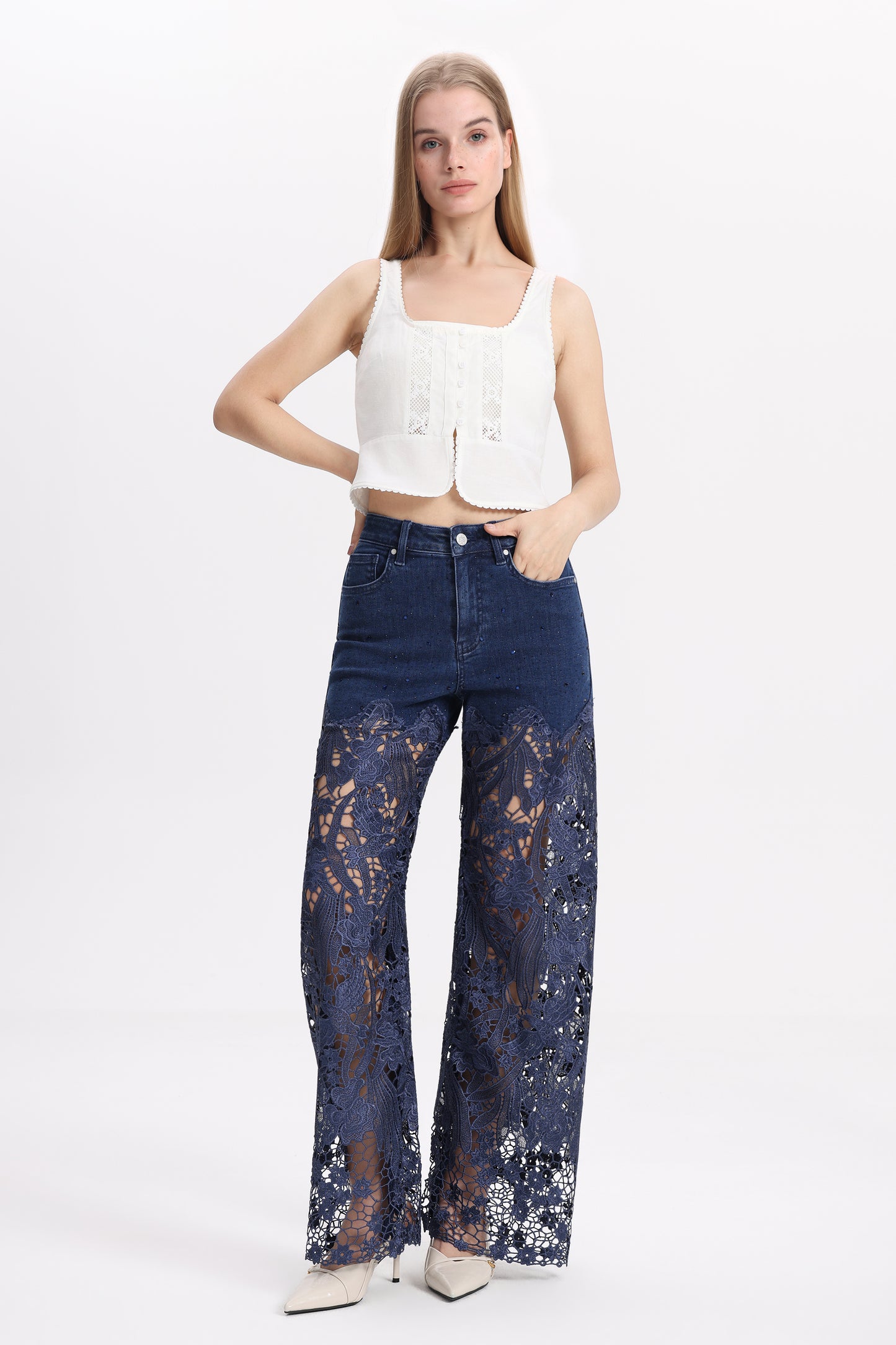 PLUS HIGH RISE LACE PANTS WITH RHINESTONE
