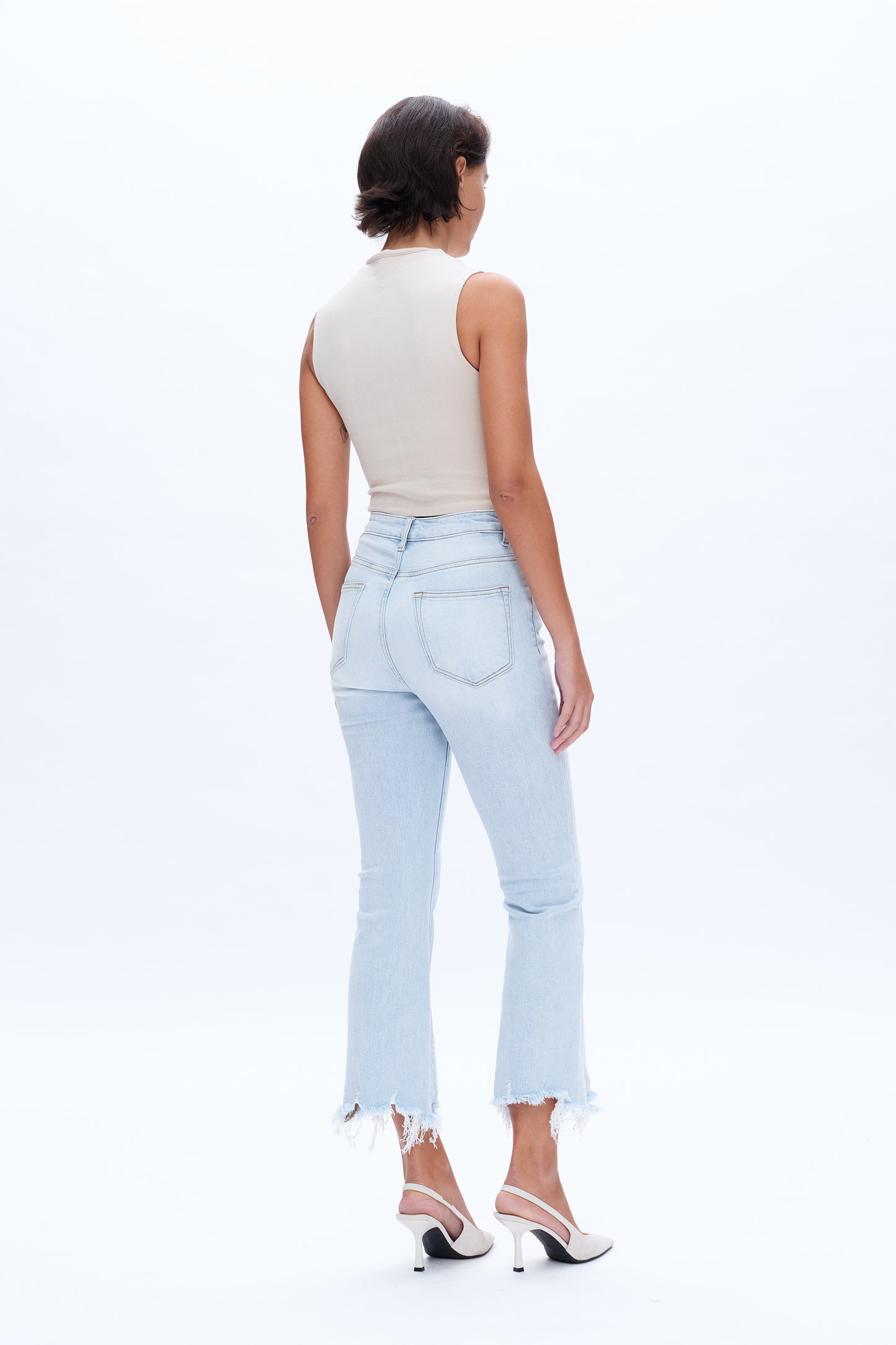 ANNA HIGH RISE FRAYED HEM ANKLE FLARE JEANS BYF1153 LIGHT BLUE