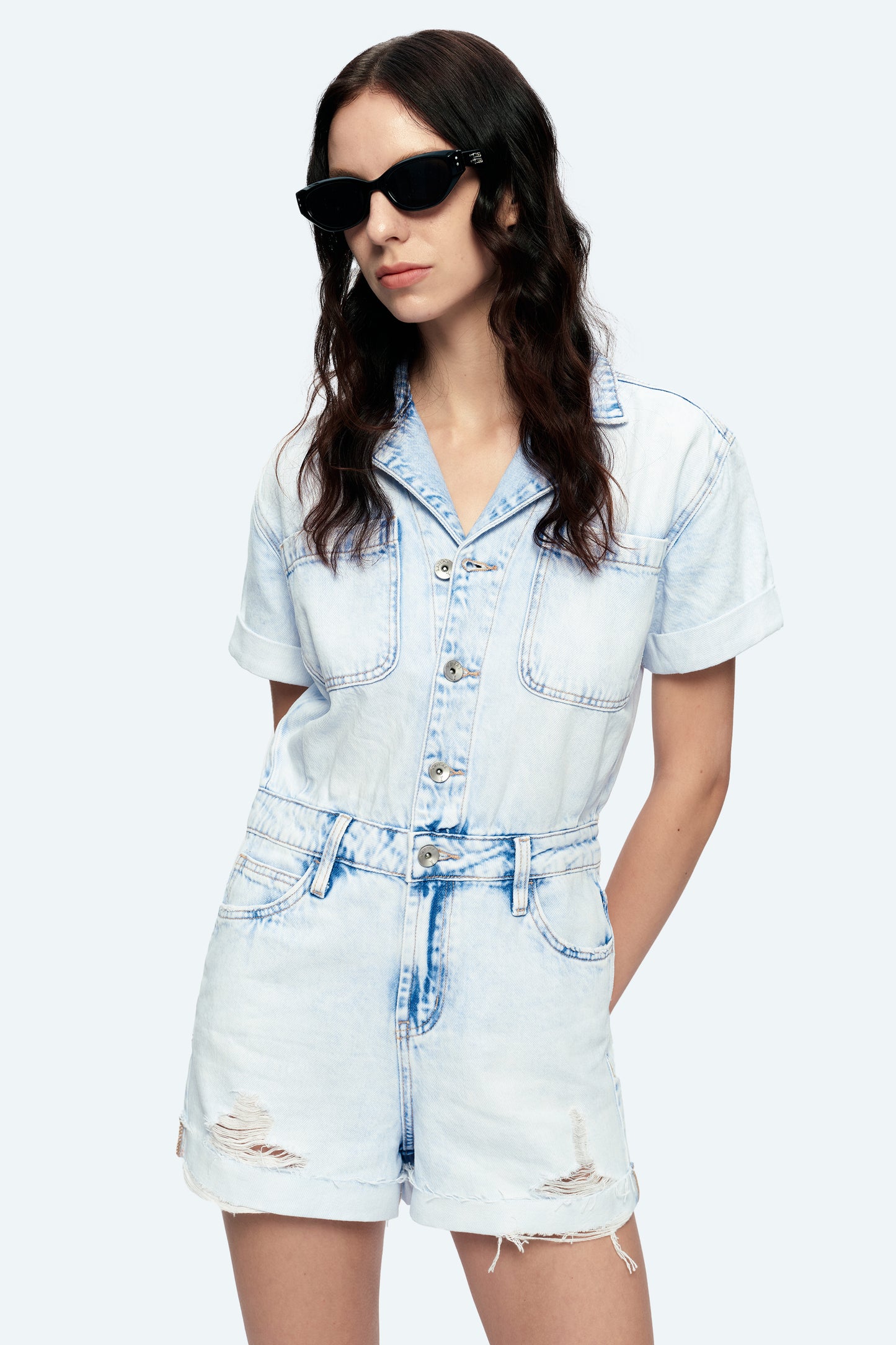 GRACE RIPPED DENIM ROMPERS BYRL011 (BYHE108) LIGHT SKY