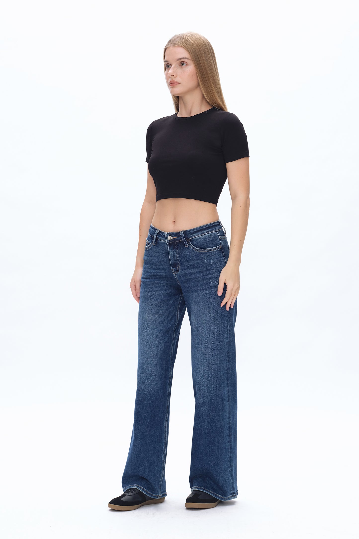 LOW CUT WIDE LEG CROP STRAIGHT JEANS BYW8001-2 DARK BLUE