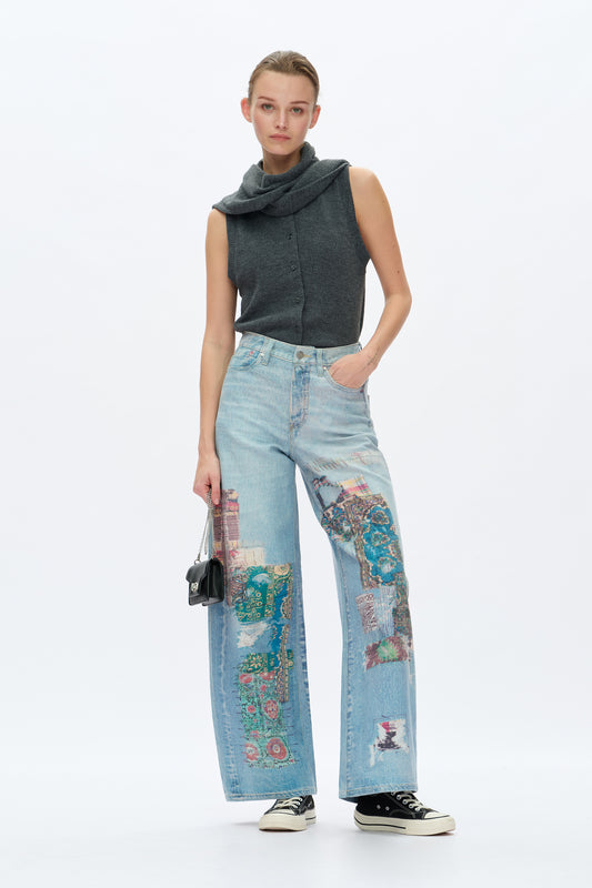 COLD TRANSFER PRINTING BARREL JEANS