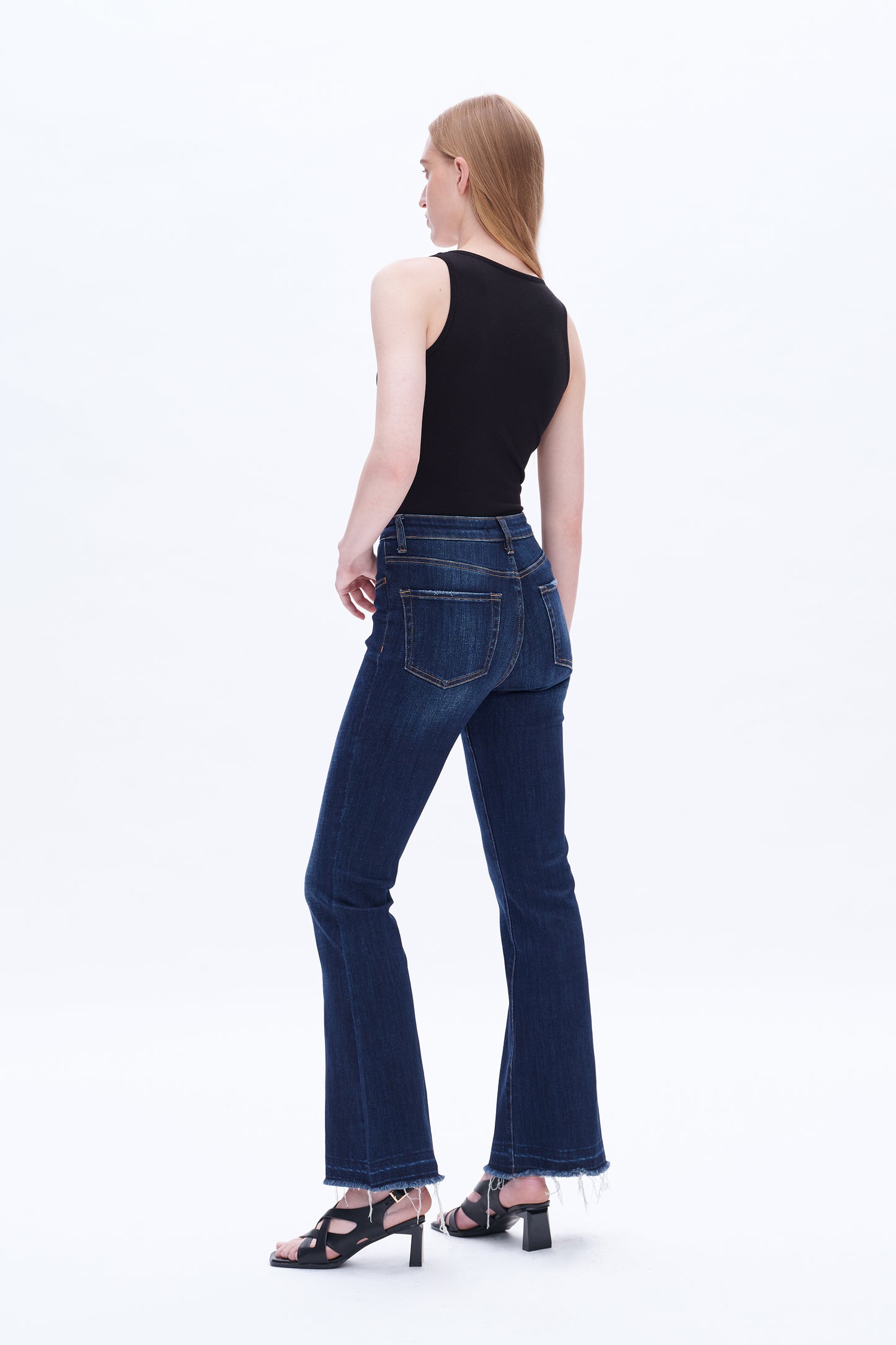 HIGH RISE FLARE LEG JEANS WITH RAW HEM BYF1110 DARK BLUE