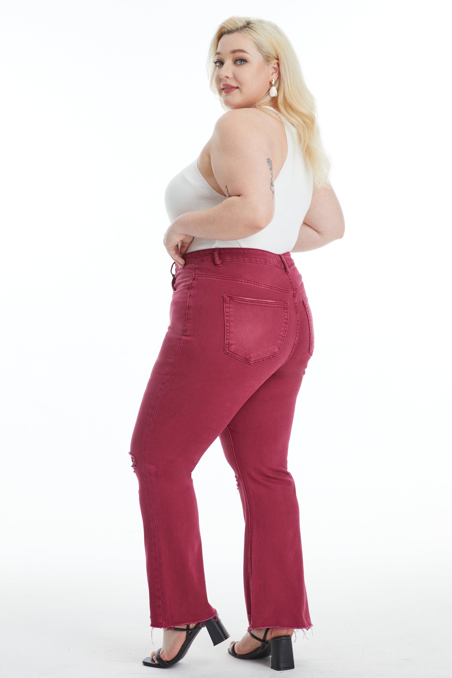 EMILY HIGH RISE DISTRESSED FLARE PANTS BYF1077-P WINE PLUS SIZE