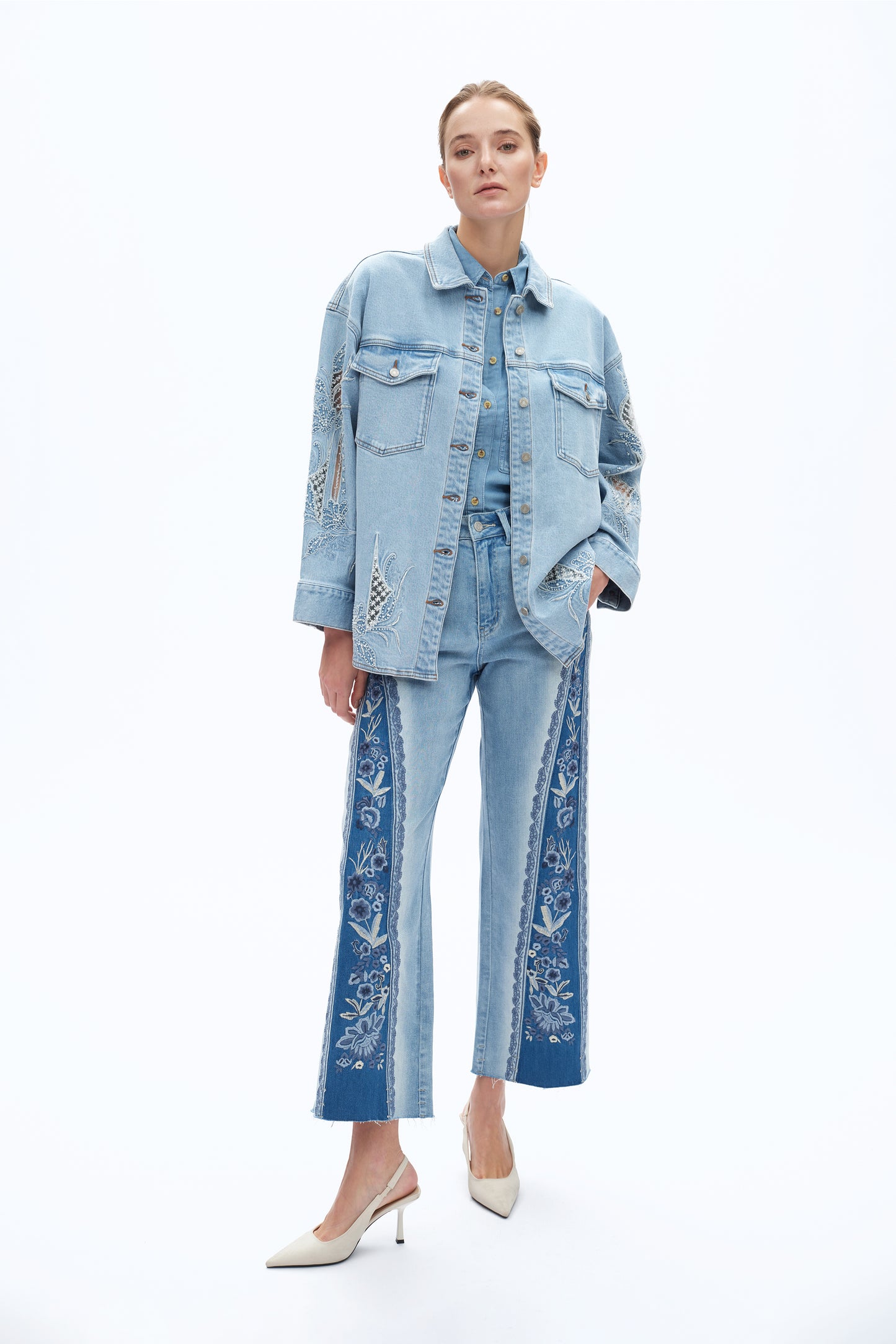 ULTRA HIGH RISE PATCHWORK EMBROIDERED WIDE LEG DENIM JEANS BYW8190 (BYCK003) MEDIUM BLUE