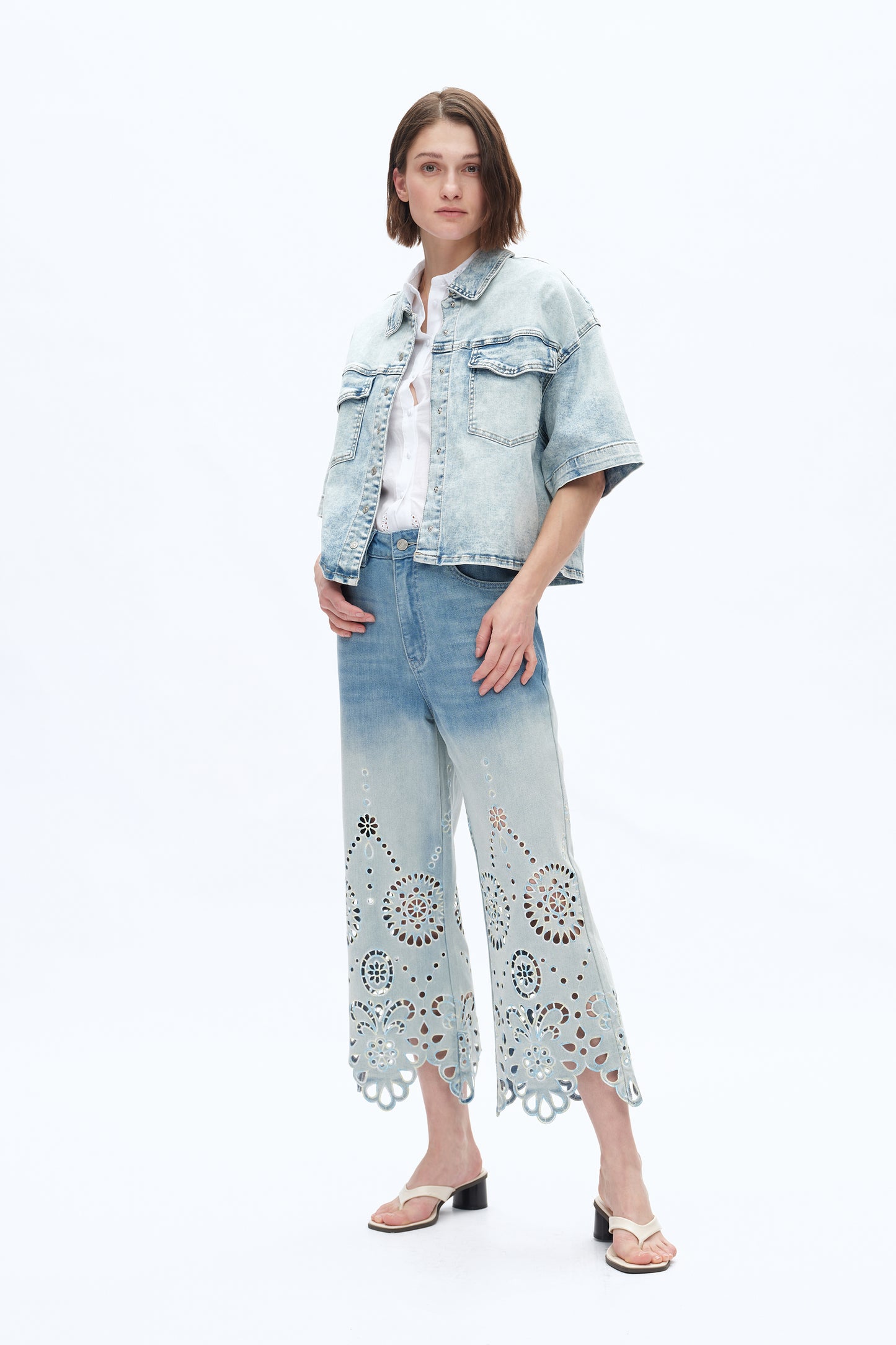 ULTRA HIGH RISE LACE EMBROIDERED WIDE LEG DENIM JEANS BYW8195 (BYCK008) LIGHT BLUE