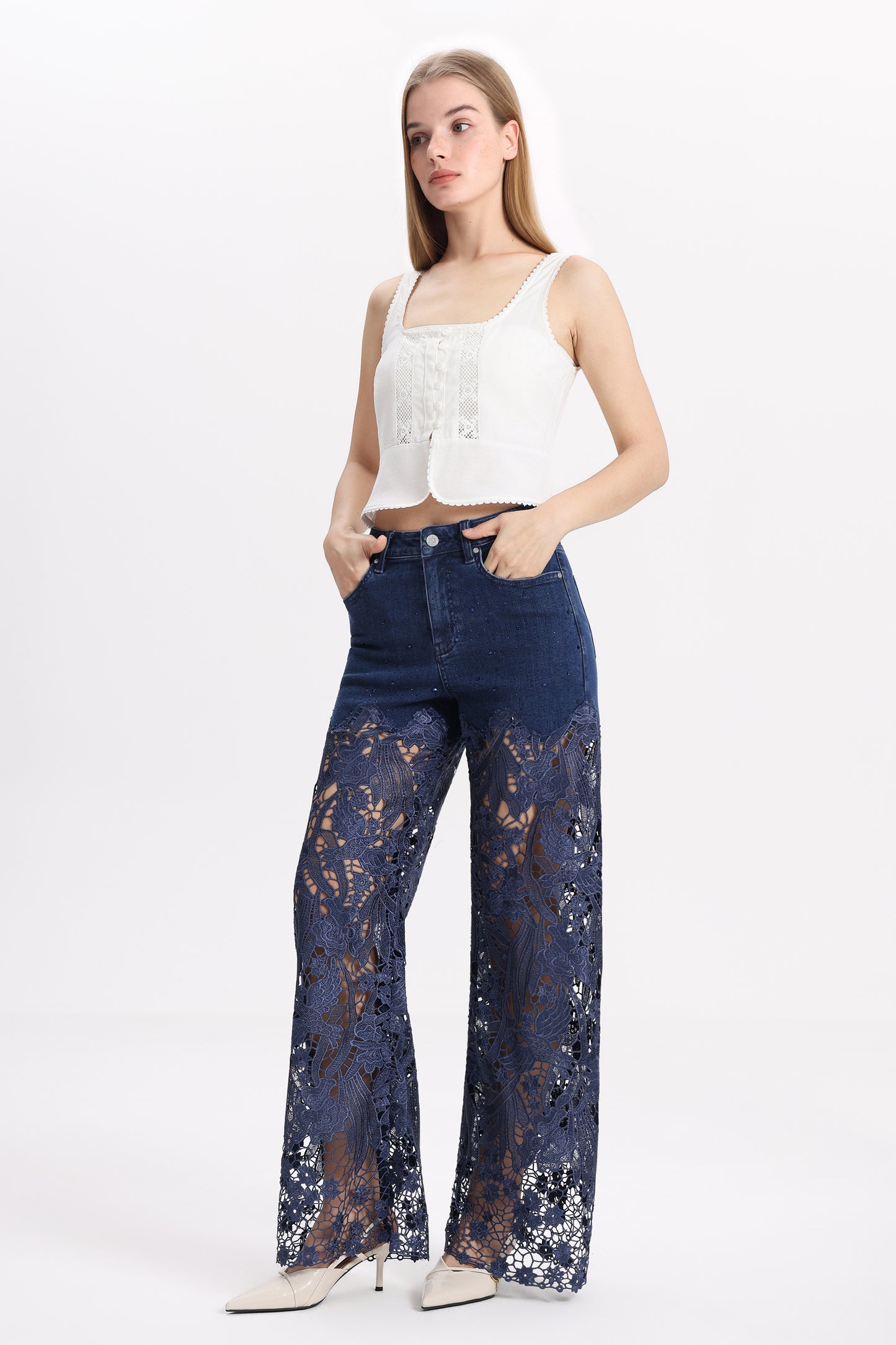 HIGH RISE LACE PANTS WITH RHINESTONE