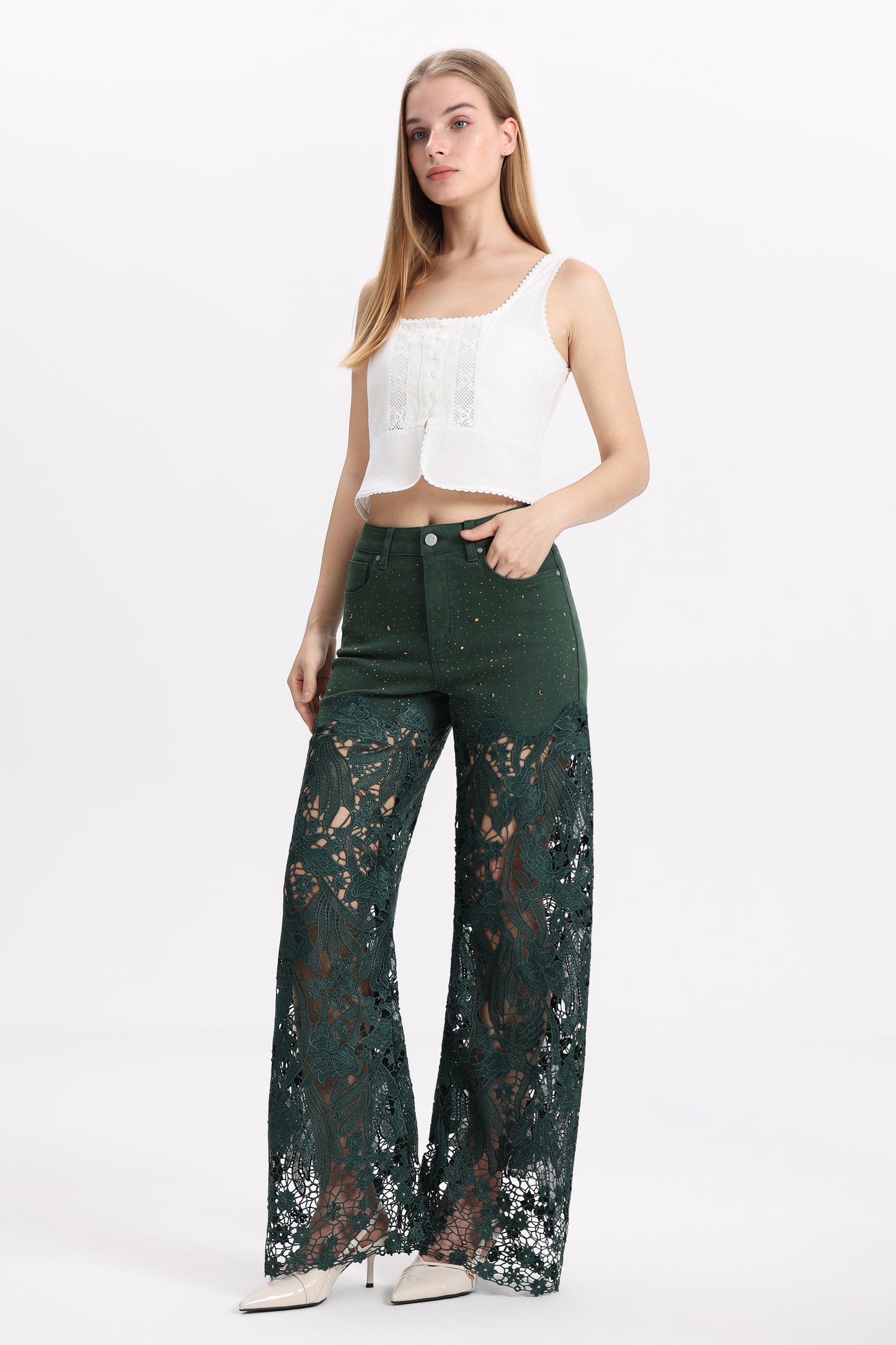 HIGH RISE LACE PANTS WITH RHINESTONE