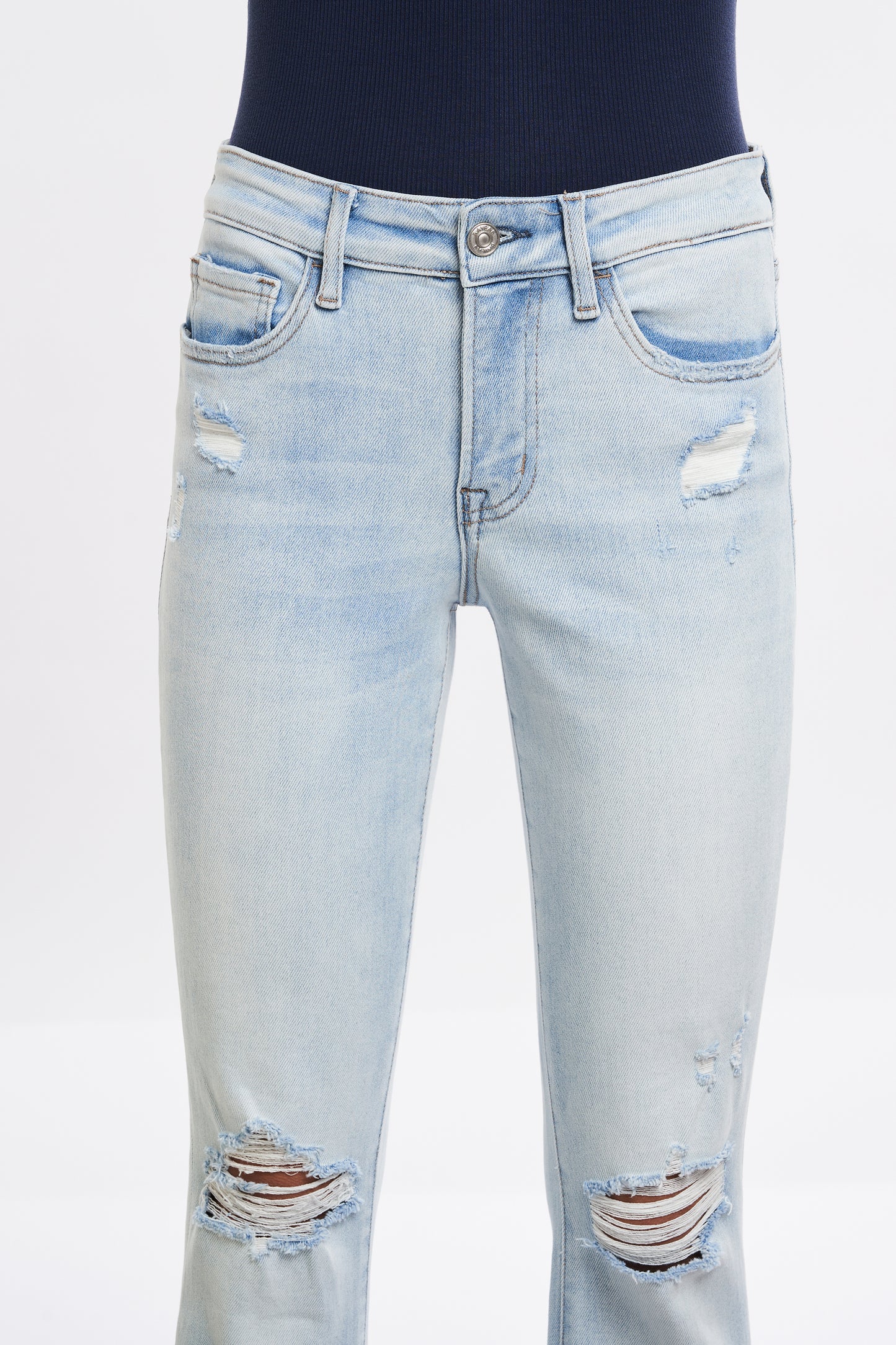 ANGELA MID RISE DISTRESSED FLARE JEANS BYF1130 BABYBLUE