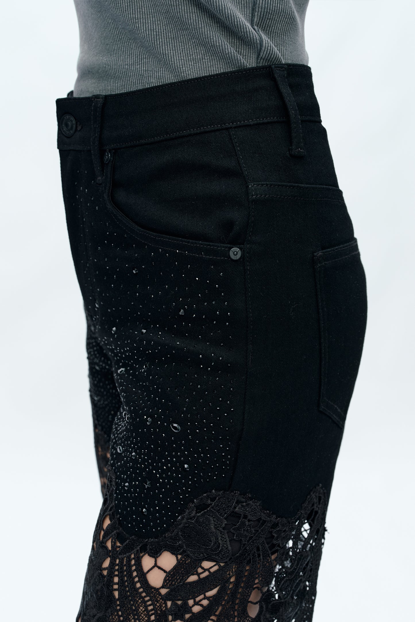 HIGH RISE LACE PANTS WITH RHINESTONE BYW8090 BLACK