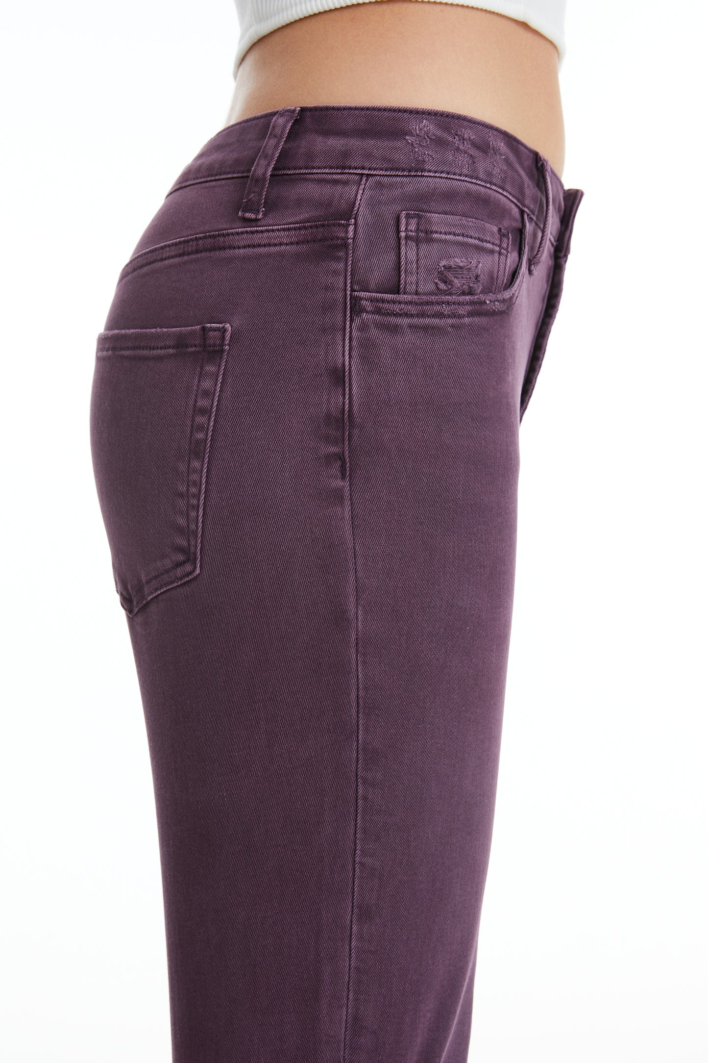 HIGH RISE STRAIGHT LEG JEANS BUTTON FLY WITH FRAYED HEM BYT5113 PLUM