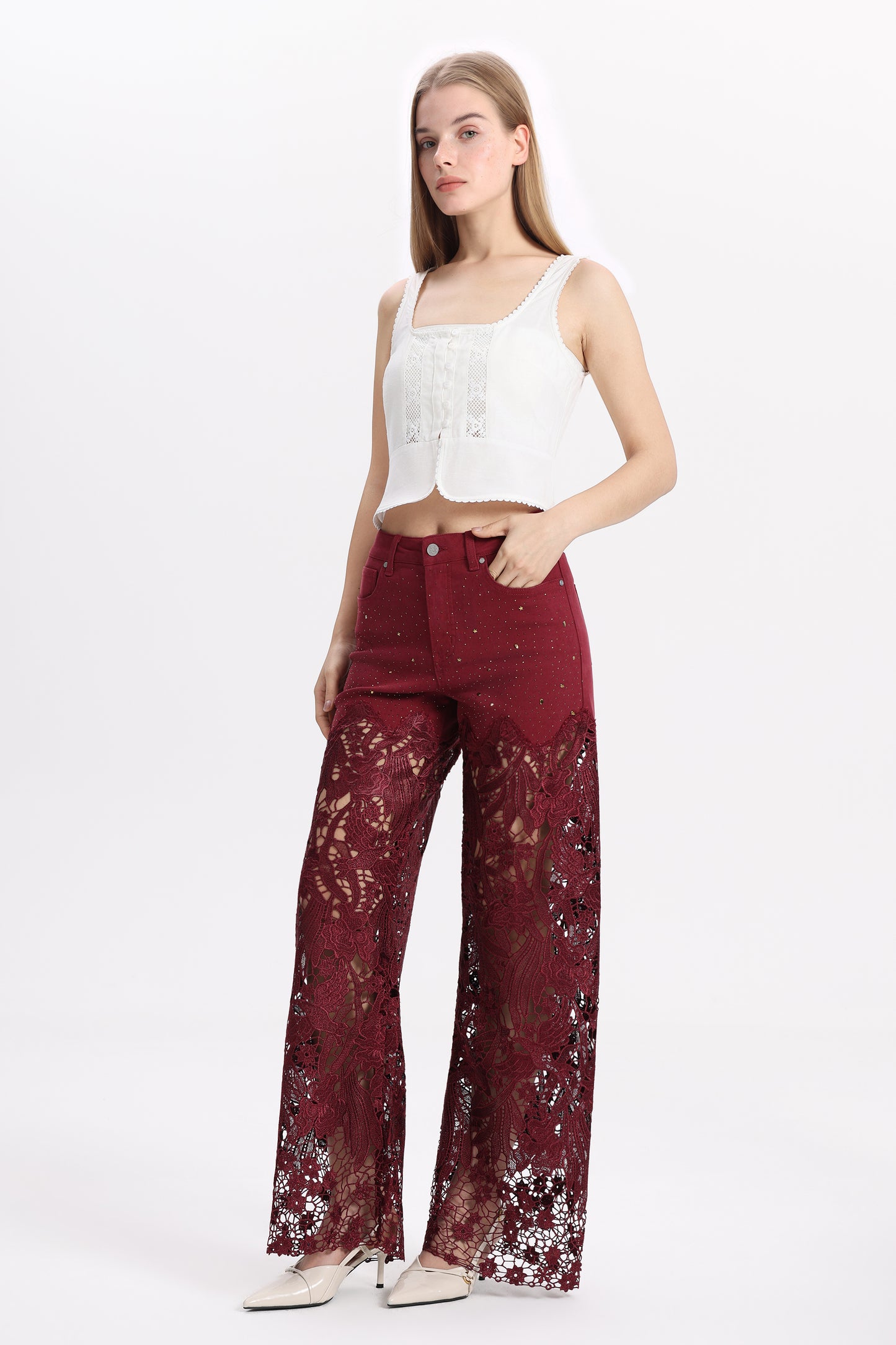 HIGH RISE LACE PANTS WITH RHINESTONE