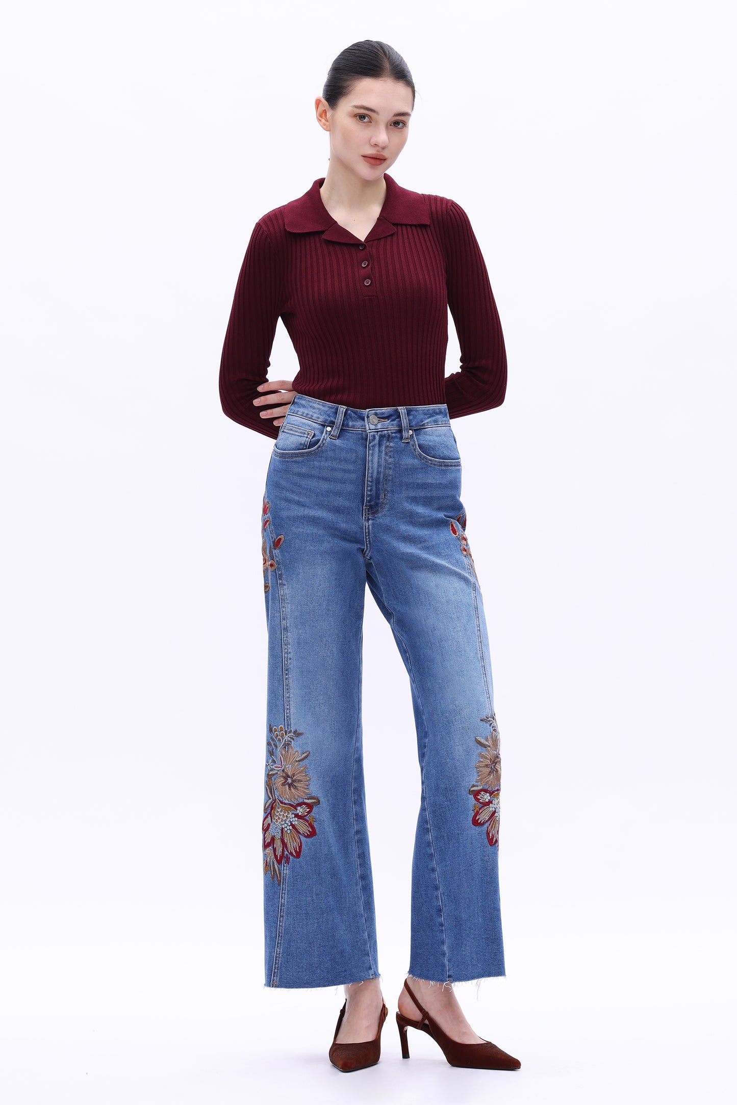 HIGH RISE EMBROIDERED WIDE LEG