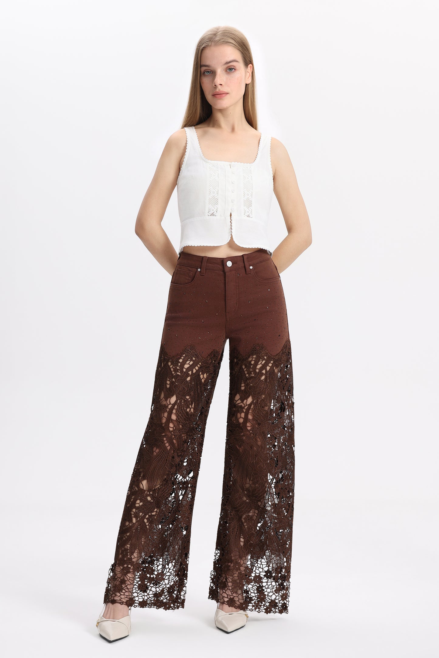HIGH RISE LACE PANTS WITH RHINESTONE